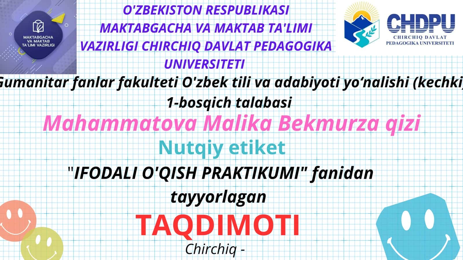 IFODALI O'QISH PRAKTIKUMI" fanidan tayyorlagan TAQDIMOTI 1