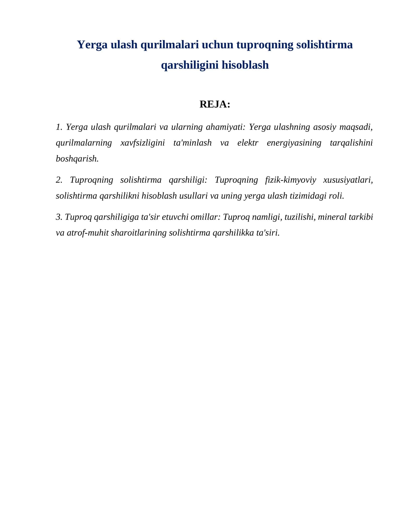 Yerga ulash qurilmalari uchun tuproqning solishtirma qarshiligini hisoblash 1