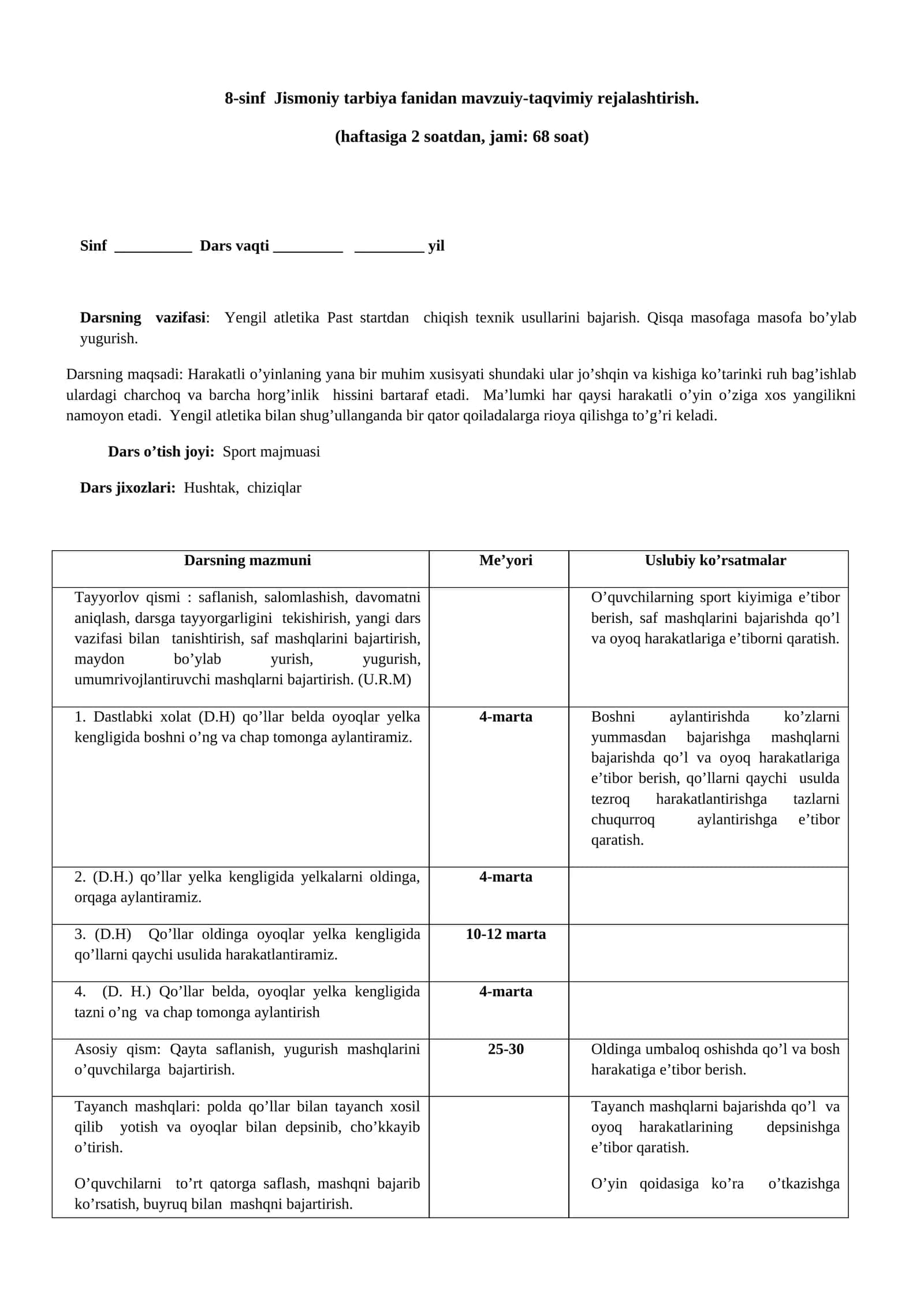 8-sinf Jismoniy tarbiya fanidan mavzuiy-taqvimiy rejalashtirish 1