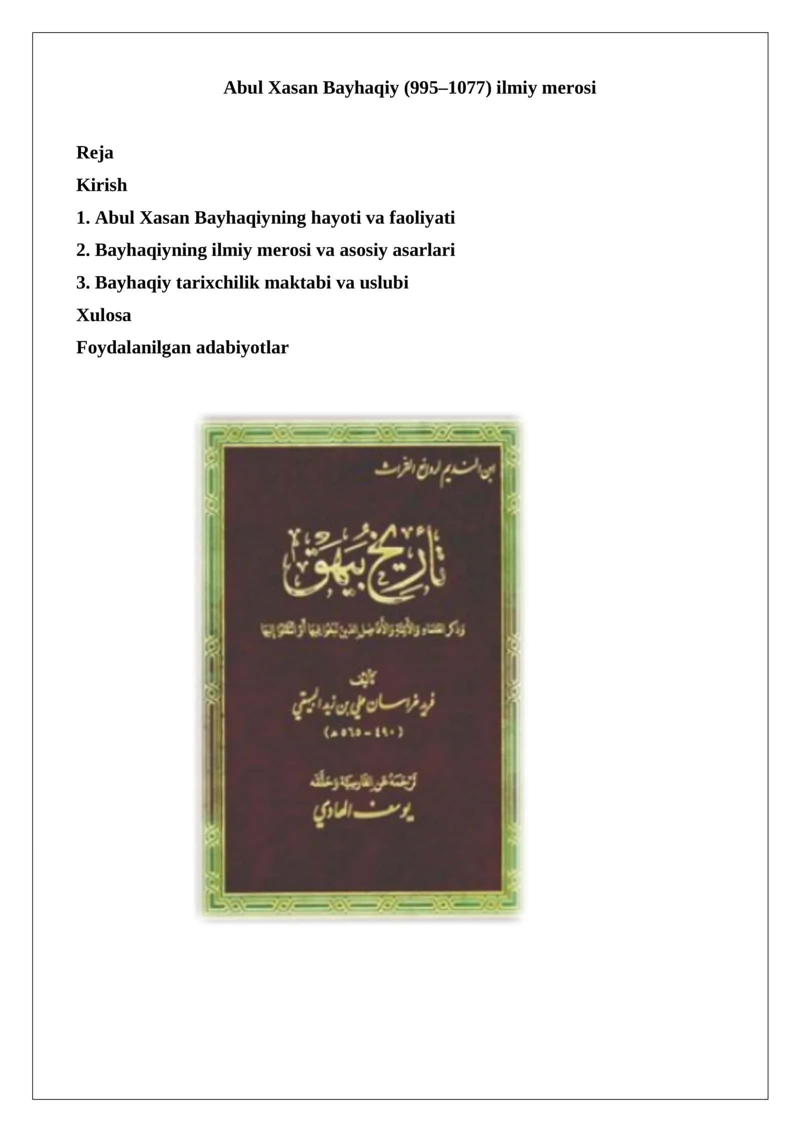Abul Xasan Bayhaqiy (995–1077) ilmiy merosi 1