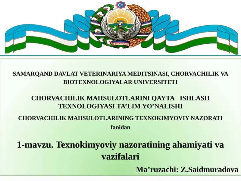 CHORVACHILIK MAHSULOTLARINI QAYTAISHLASH TEXNOLOGIYASI TA'LIM YO'NALISHI 1