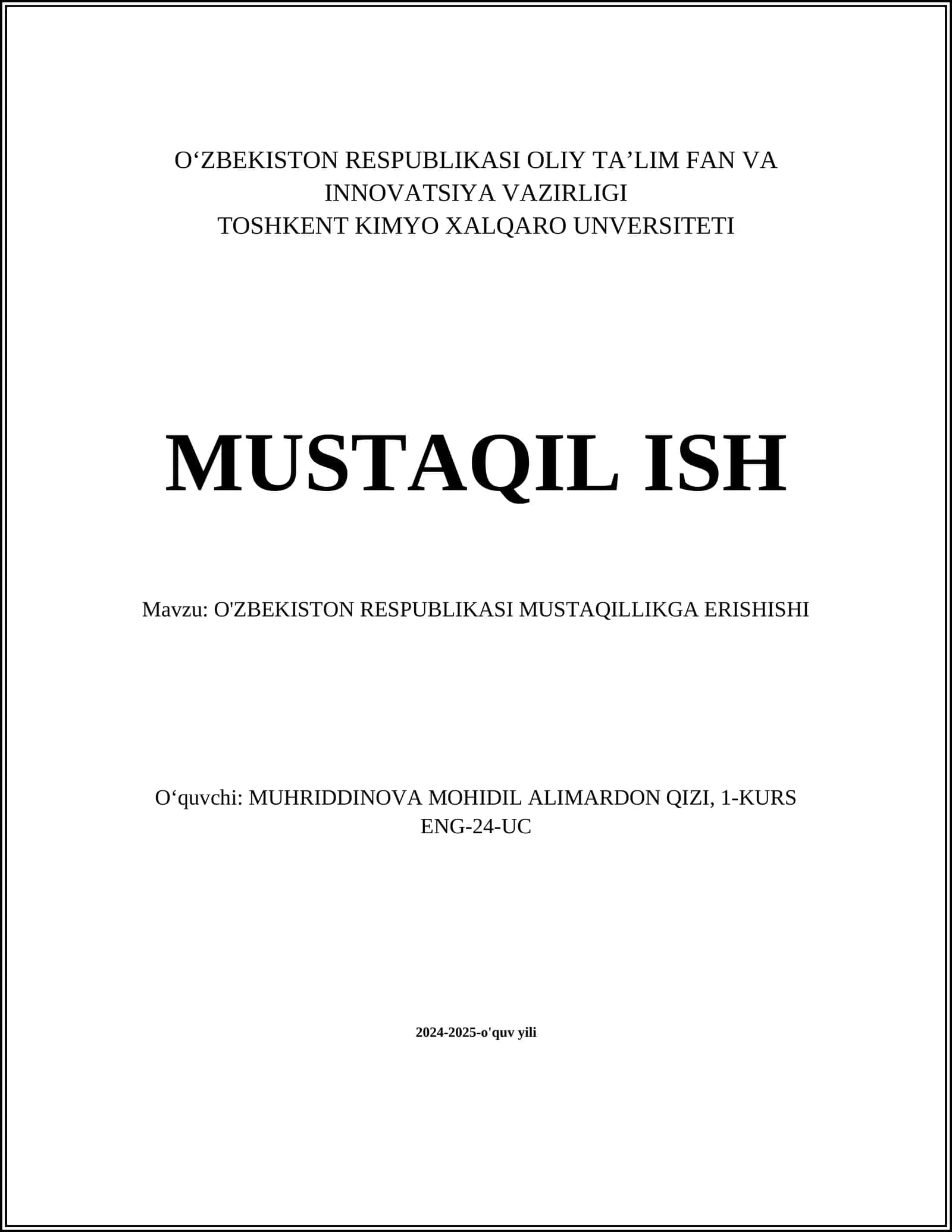 O‘ZBEKISTON RESPUBLIKASI MUSTAQILLIKGA ERISHISHI 1