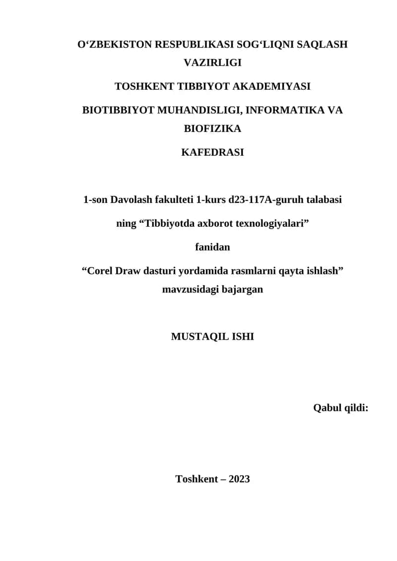 "Corel Draw dasturi yordamida rasmlarni qayta ishlash" 1