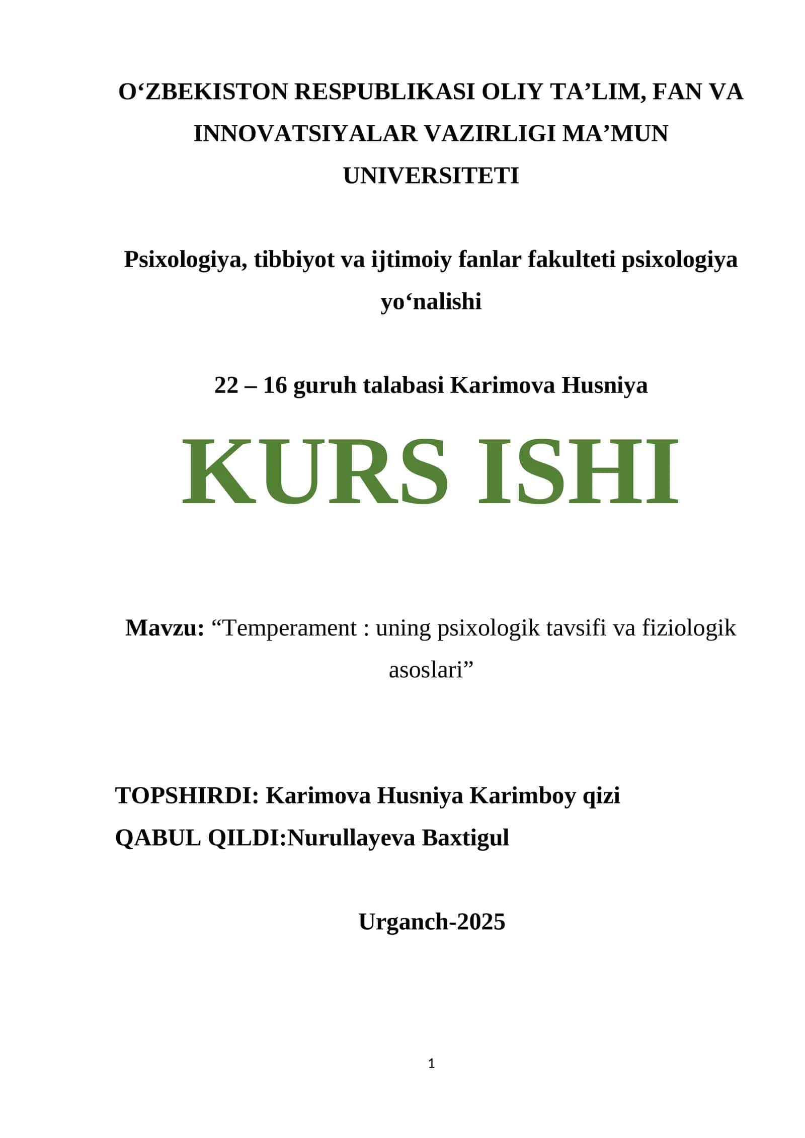 Temperament: uning psixologik tavsifi va fiziologik asoslari 1