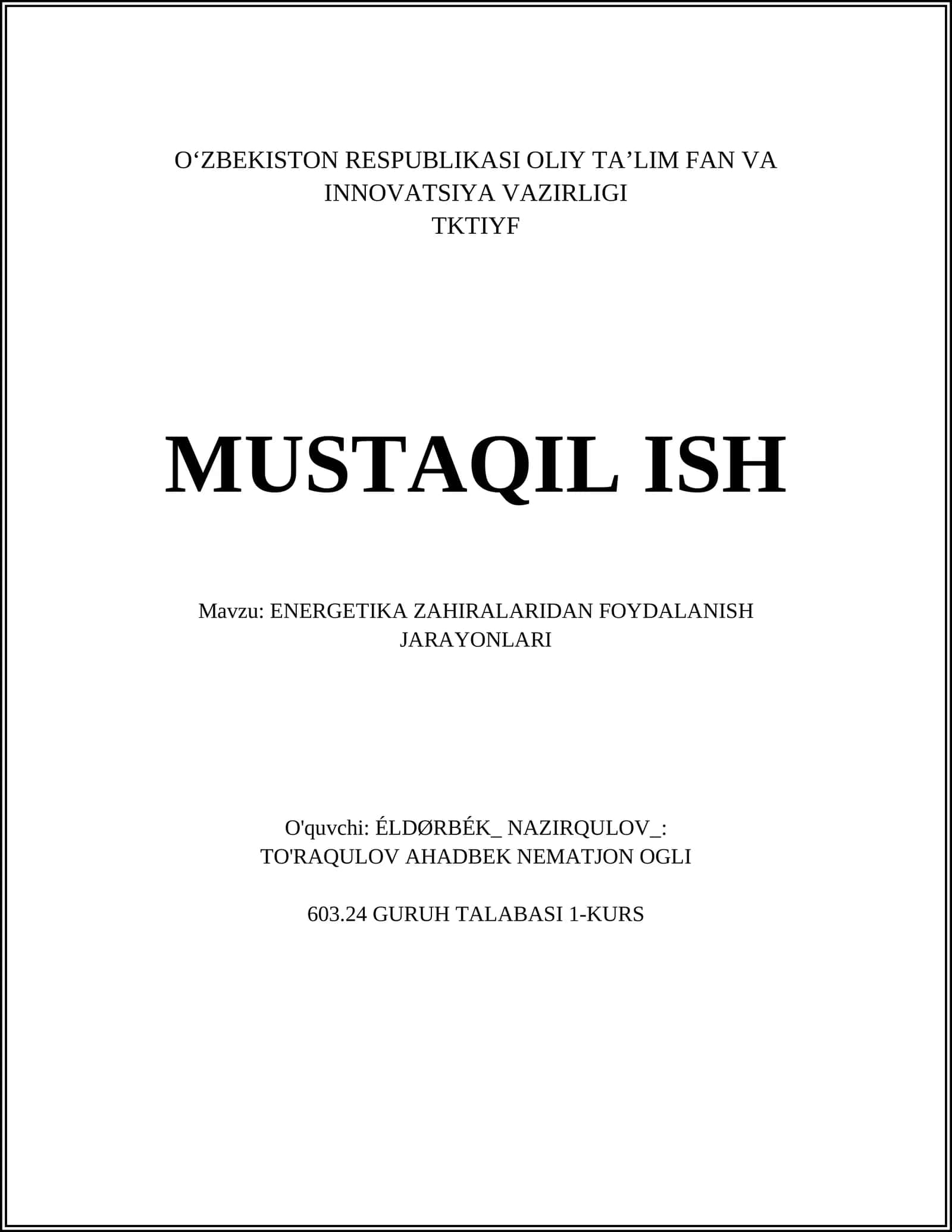 ENERGETIKA ZAHIRALARIDAN FOYDALANISH JARAYONLARI 1