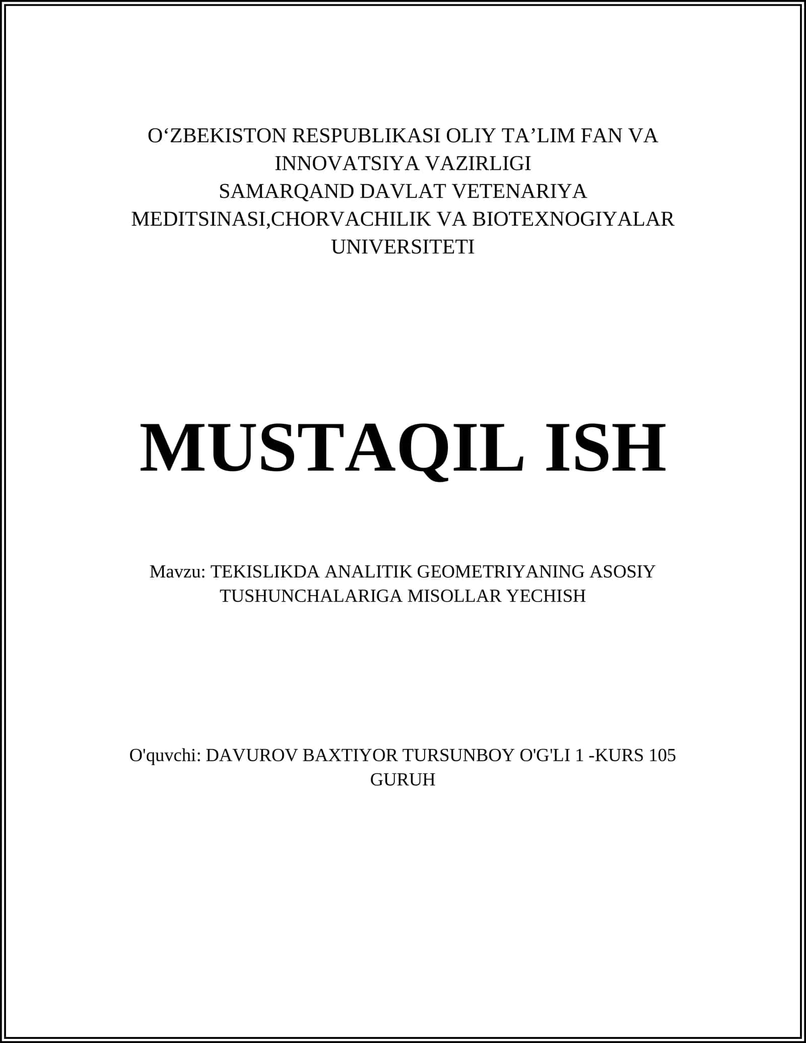 TEKISLIKDA ANALITIK GEOMETRIYANING ASOSIY TUSHUNCHALARIGA MISOLLAR YECHISH 1