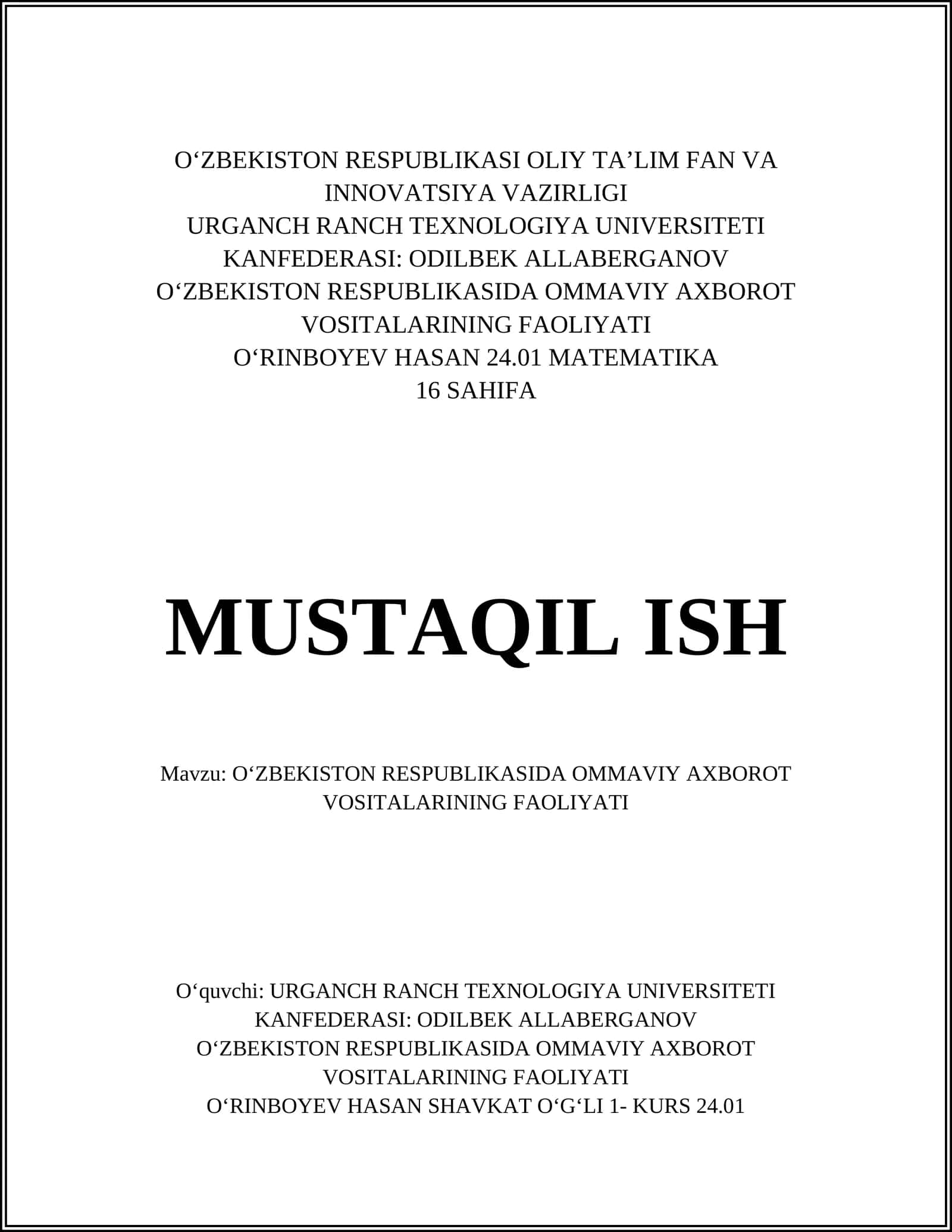 O‘ZBEKISTON RESPUBLIKASIDA OMMAVIY AXBOROT VOSITALARINING FAOLIYATI 1