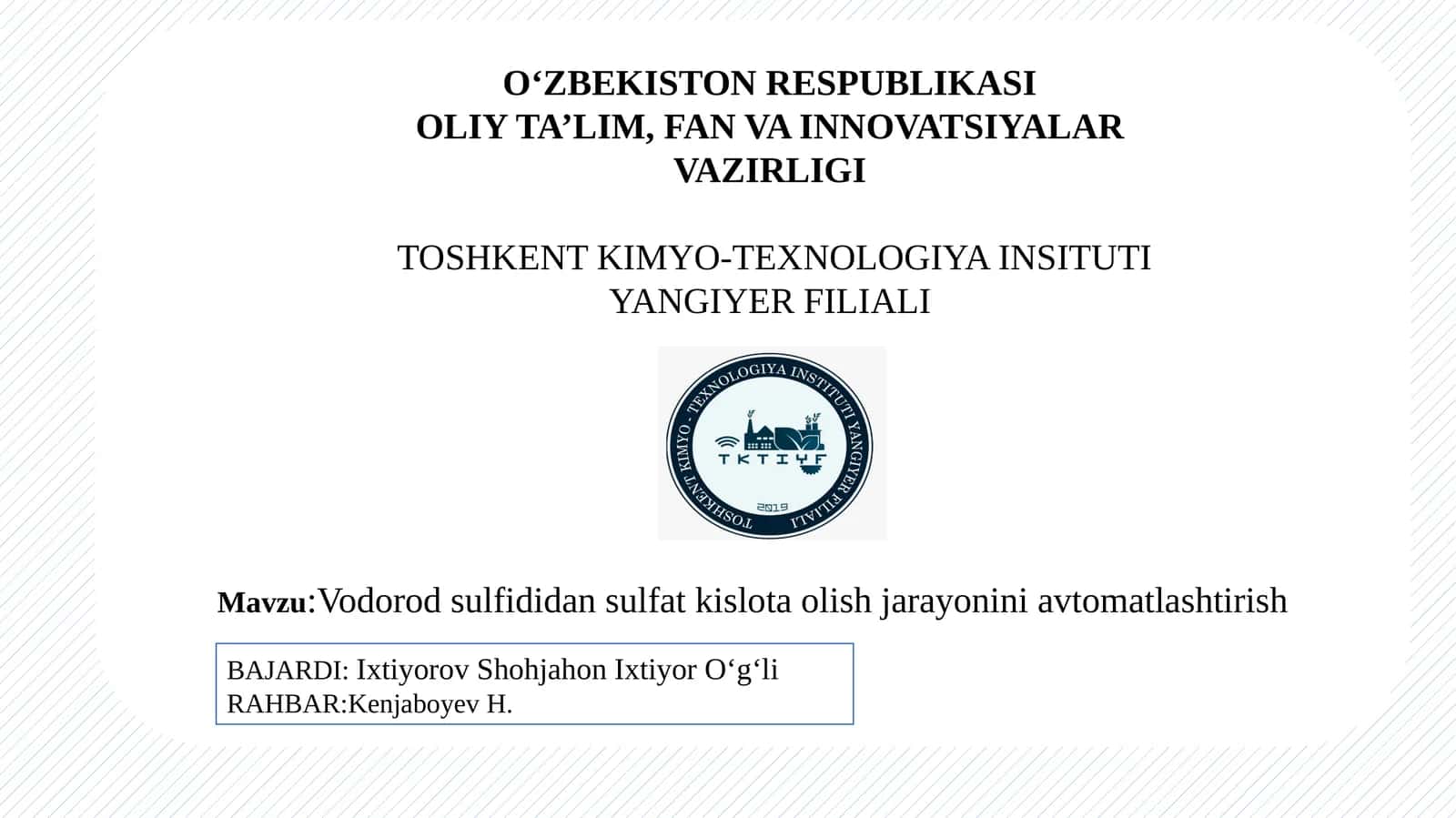 Vodorod sulfididan sulfat kislota olish jarayonini avtomatlashtirish 1