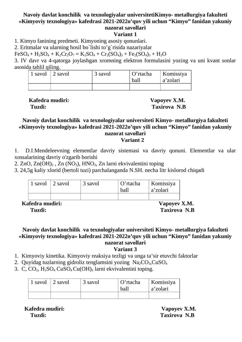 Kimyoviy texnologiya nazorat savollari 1
