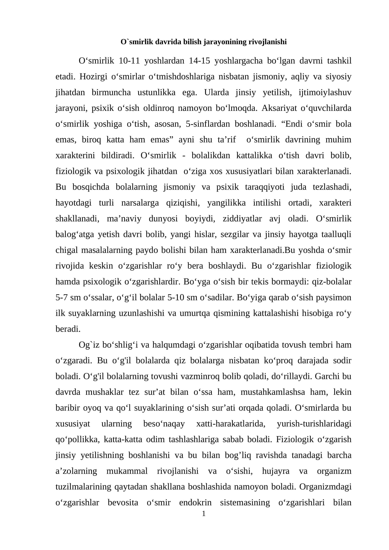 O`smirlik davrida bilish jarayonining rivojlanishi 1