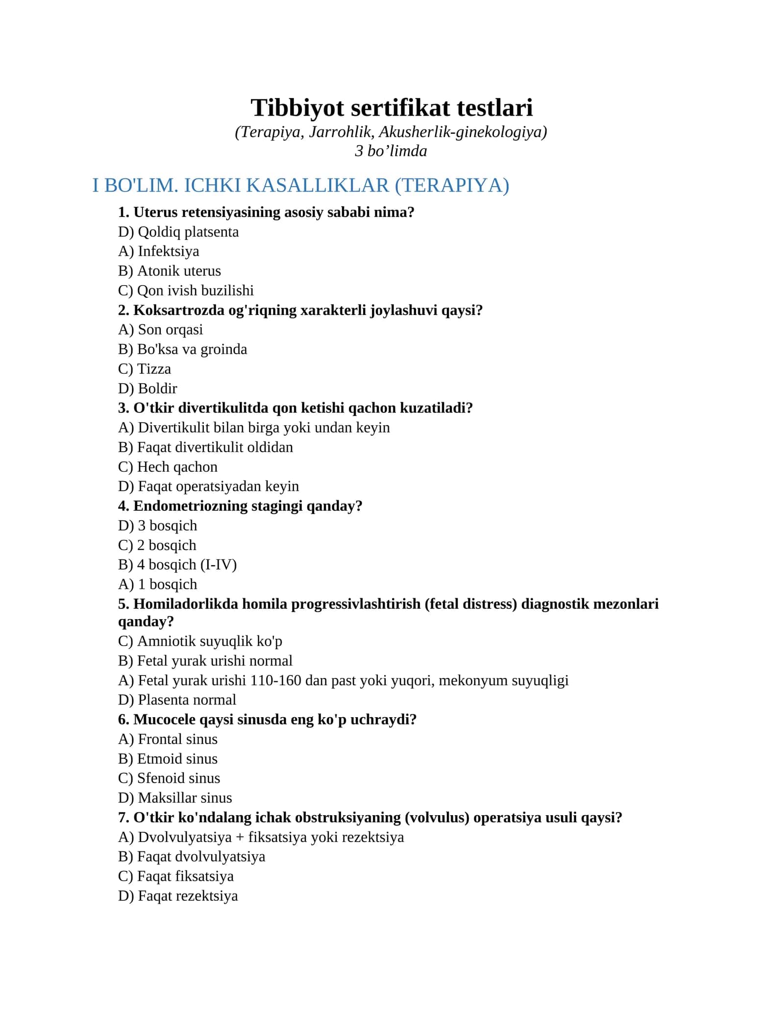 Tibbiyot sertifikat testlari 1