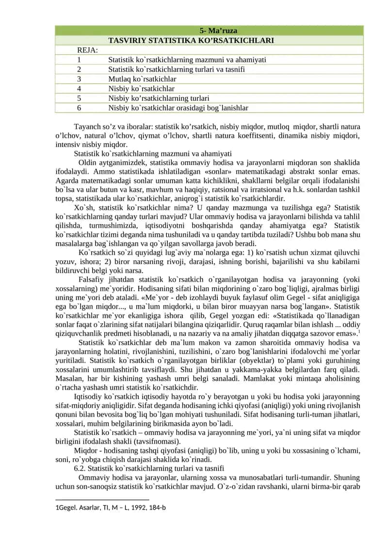 TASVIRIY STATISTIKA KO’RSATKICHLARI 1
