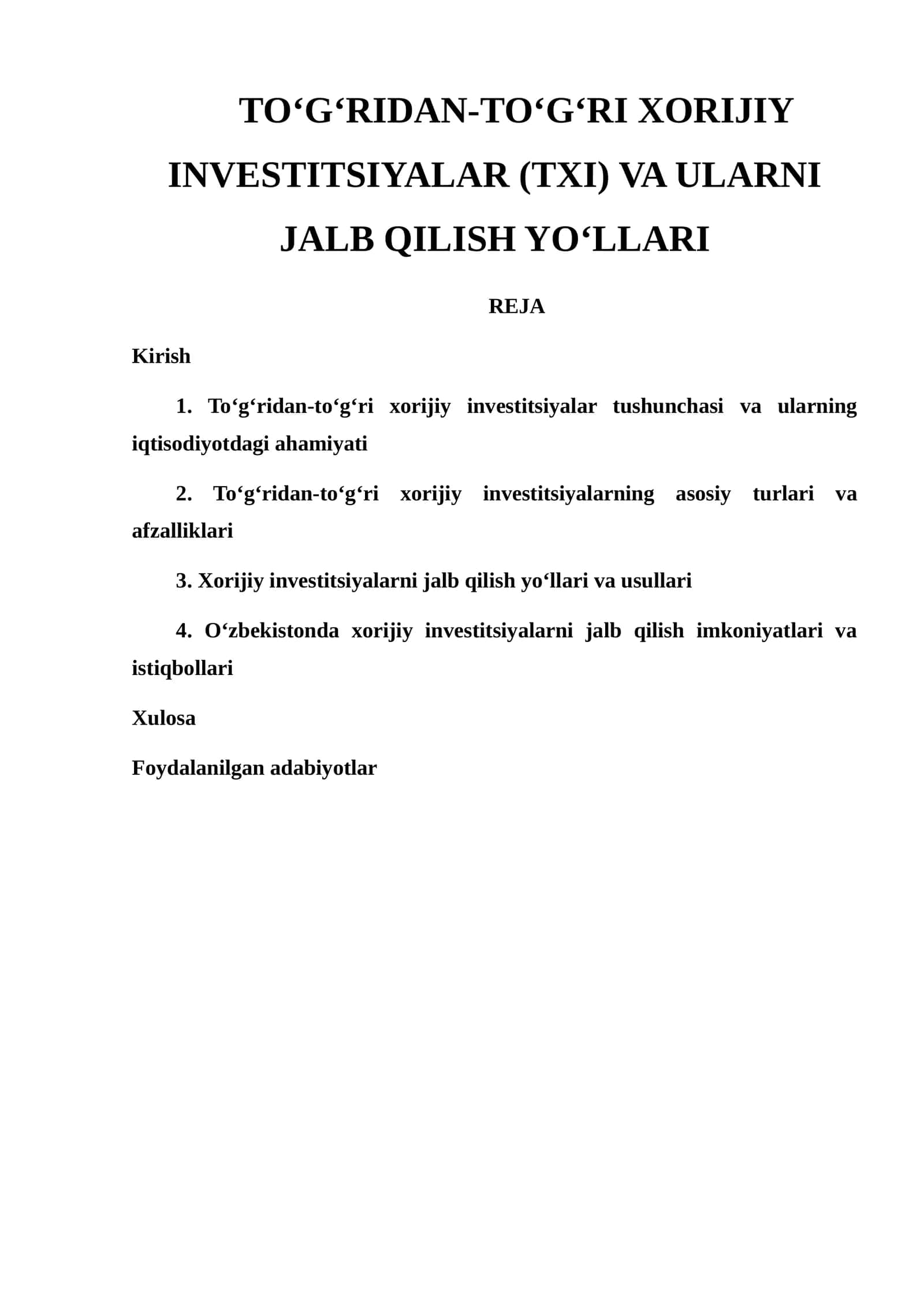 TO‘G‘RIDAN-TO‘G‘RI XORIJIY INVESTITSIYALAR (TXI) VA ULARNI JALB QILISH YO‘LLARI 1