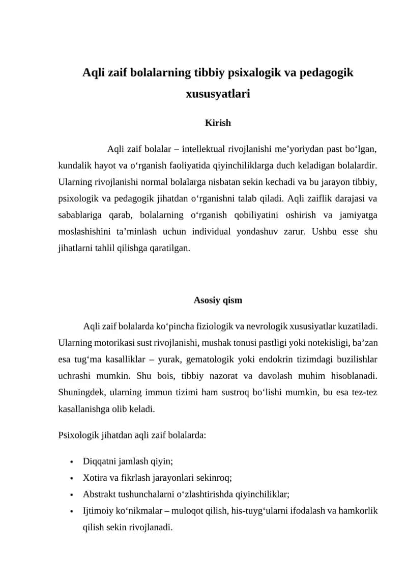 Aqli zaif bolalarning tibbiy psixalogik va pedagogik xususyatlari 1