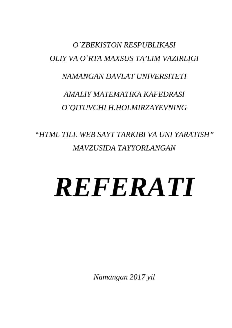 HTML TILI. WEB SAYT TARKIBI VA UNI YARATISH 1