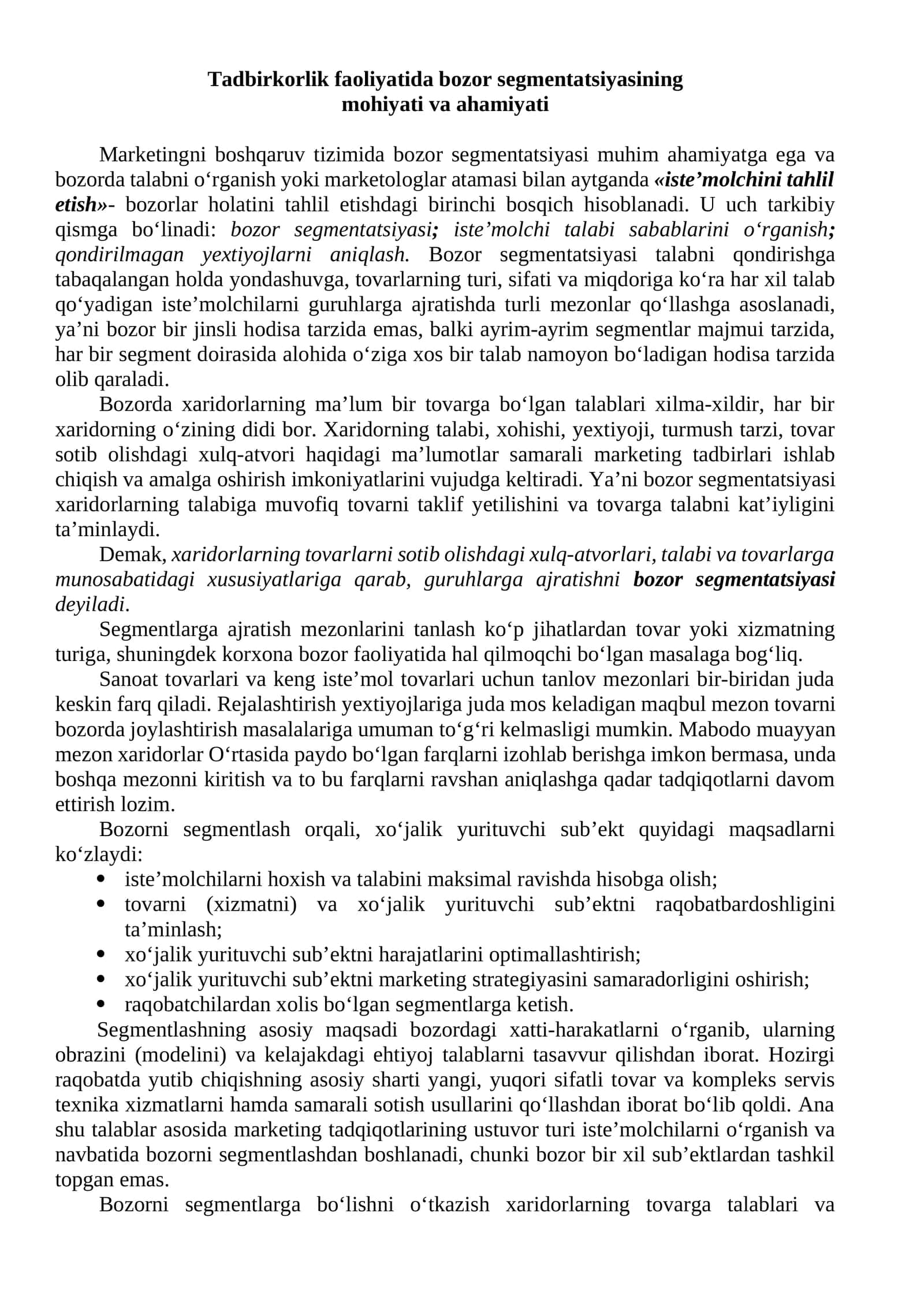 Tadbirkorlik faoliyatida bozor segmentatsiyasining mohiyati va ahamiyati 1