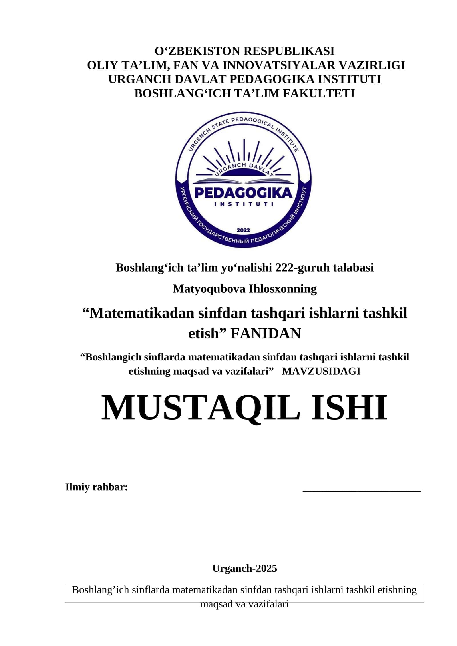 Boshlang‘ich sinflarda matematikadan sinfdan tashqari ishlarni tashkil etishning maqsad va vazifalari 1