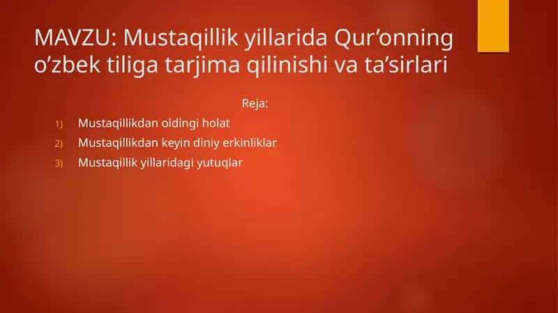 Mustaqillik yillarida Qur’onning o’zbek tilida tarjima qilinishi va ta’sirlari 1