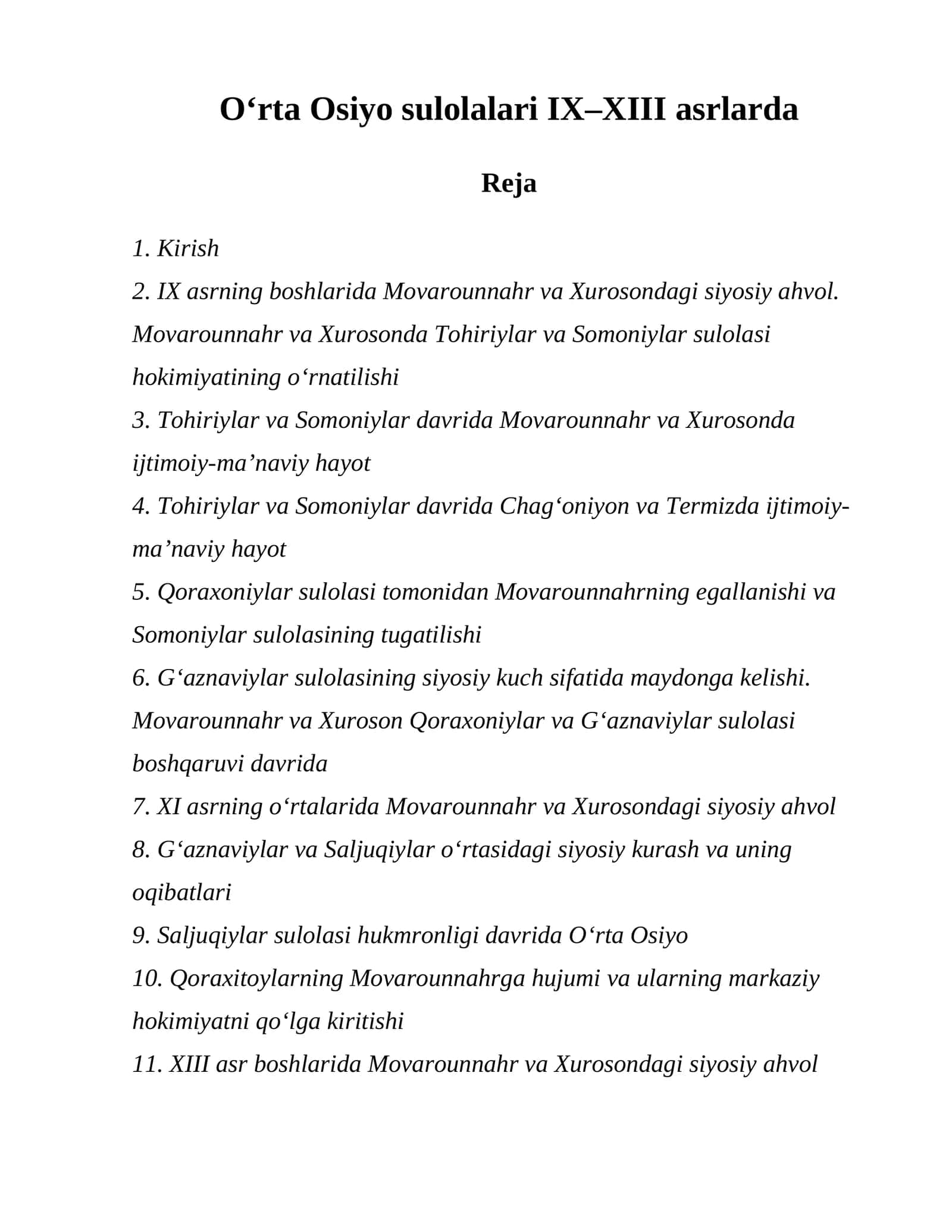 Oʻrta Osiyo sulolalari IX–XIII asrlarda 1