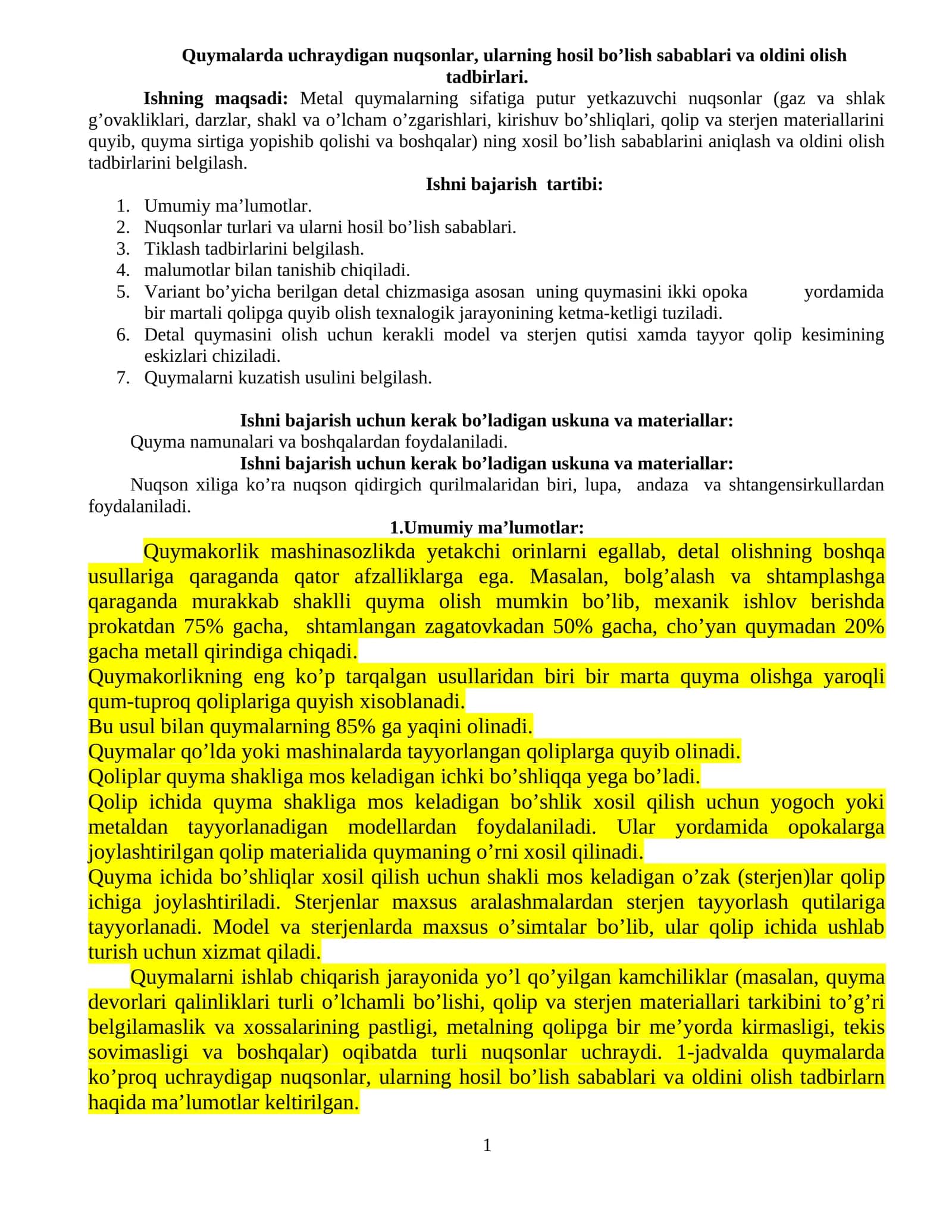 Quymаlаrdа uchrаydigаn nuqsonlаr, ulаrning hosil bo’lish sаbаblаri vа oldini olish tаdbirlаri 1
