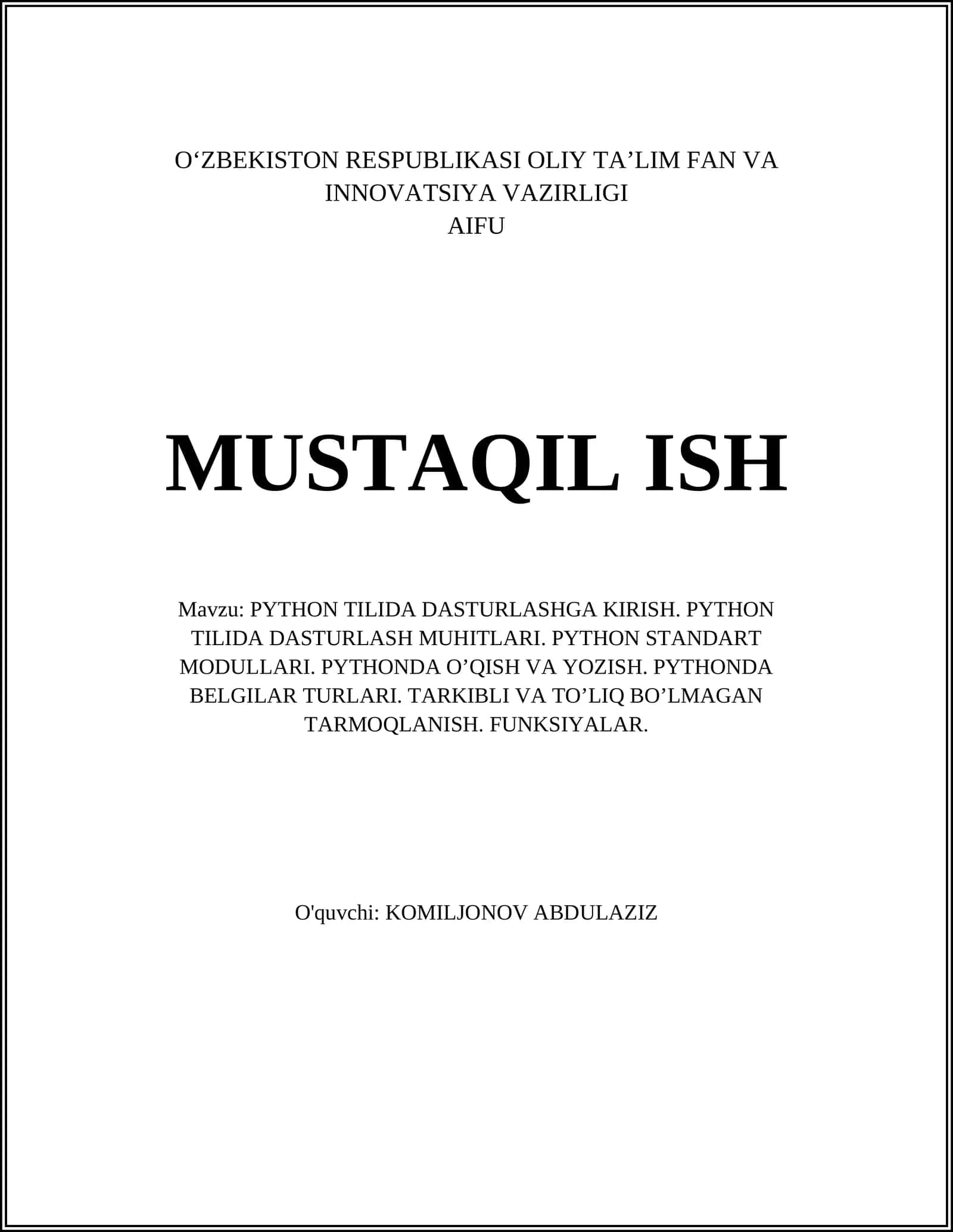 PYTHON TILIDA DASTURLASHGA KIRISH 1