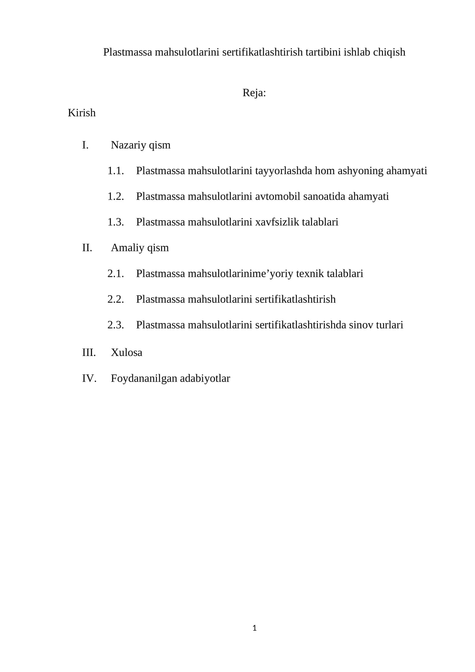 Plastmassa mahsulotlarini sertifikatlashtirish tartibini ishlab chiqish 1