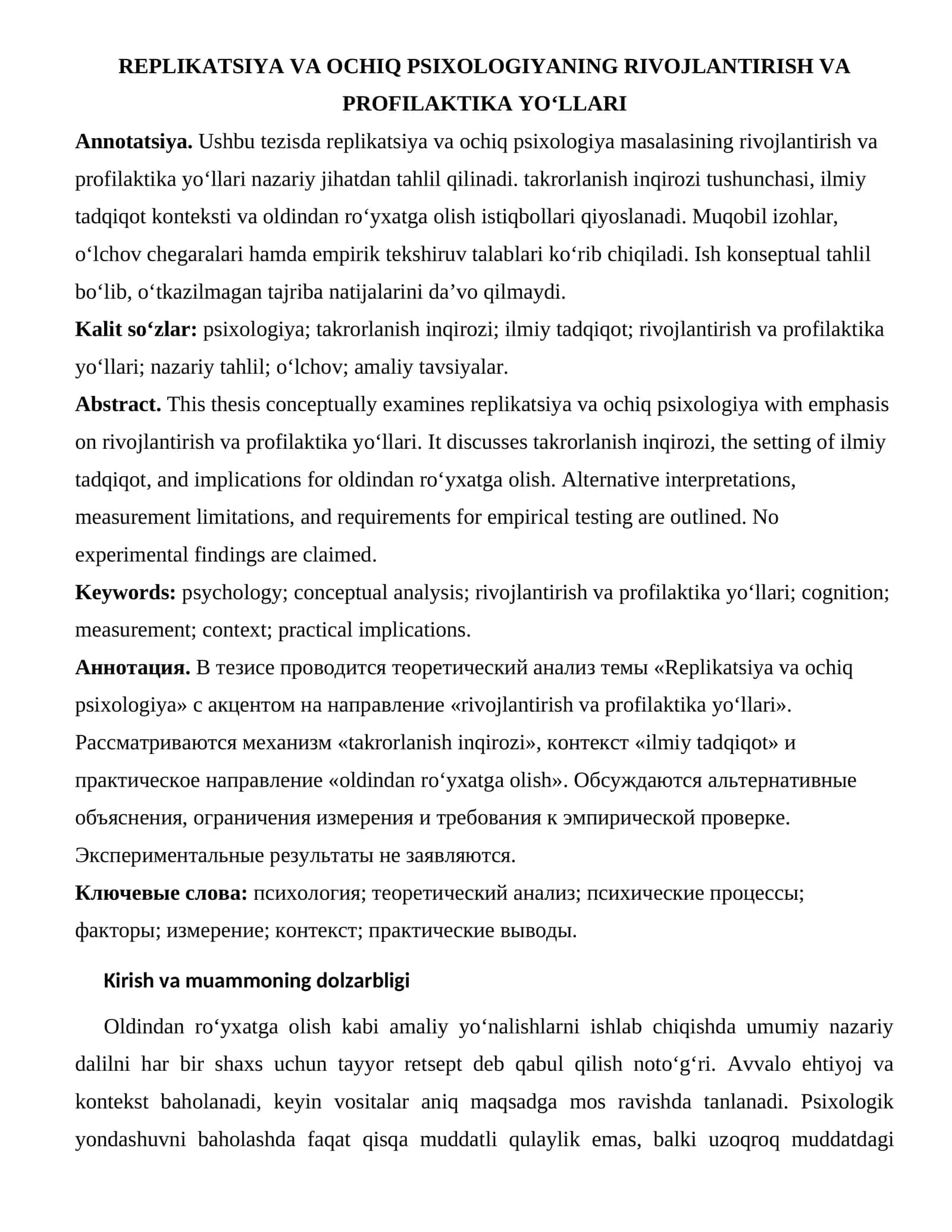REPLIKATSIYA VA OCHIQ PSIXOLOGIYANING RIVOJLANTIRISH VA PROFILAKTIKA YO‘LLARI 1