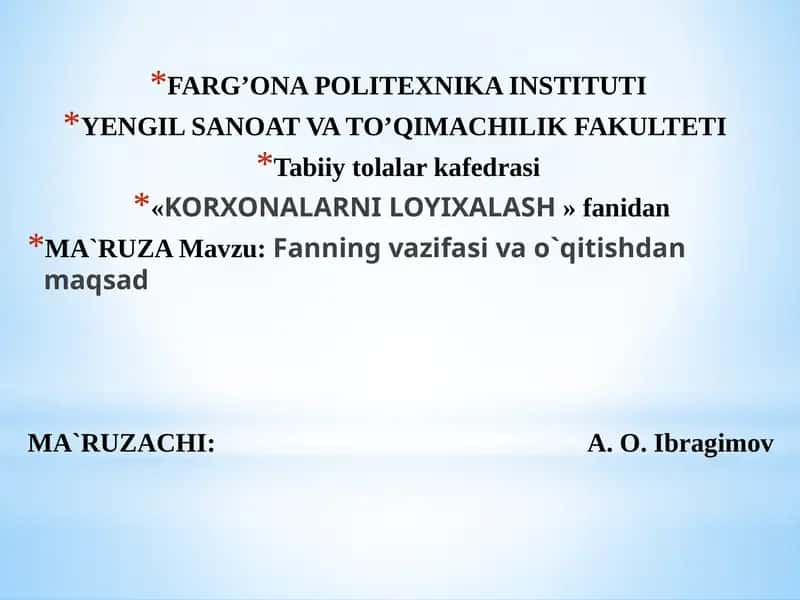 Fanning vazifasi va o'qitish maqsadi 1