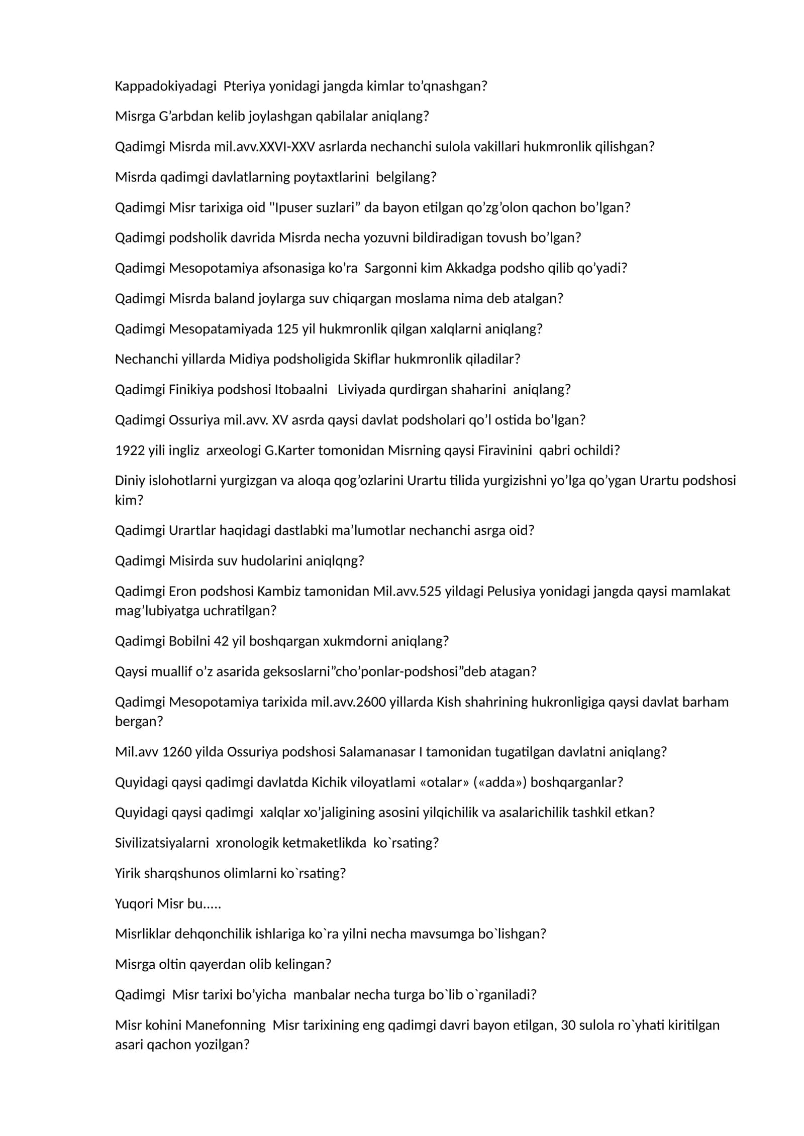 Qadimgi Davlatlar Tarixi Test Savollari 1