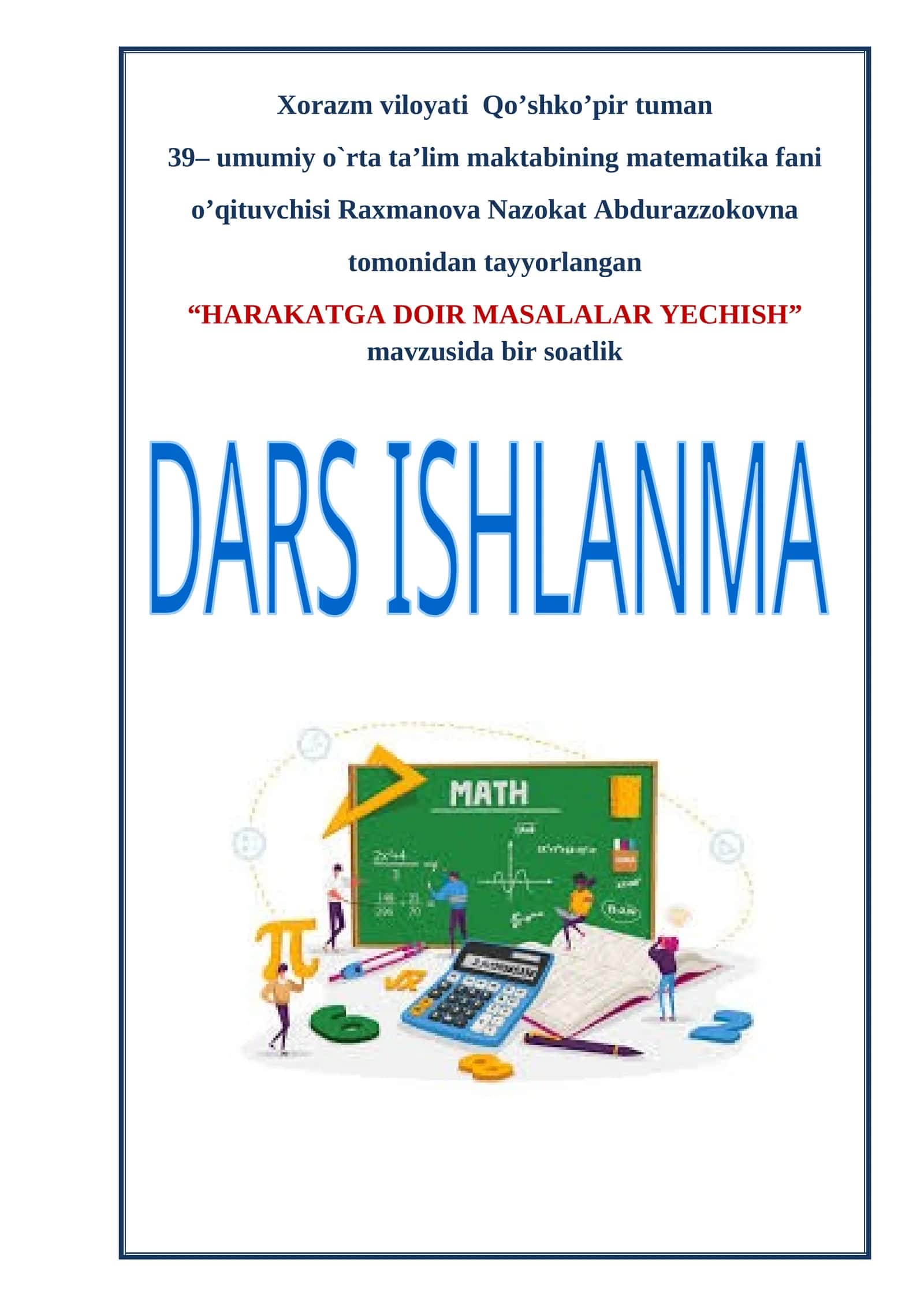 5-sinf Matematika fanidan Harakatga doir masalalar yechish ochiq dars ishlanma 1