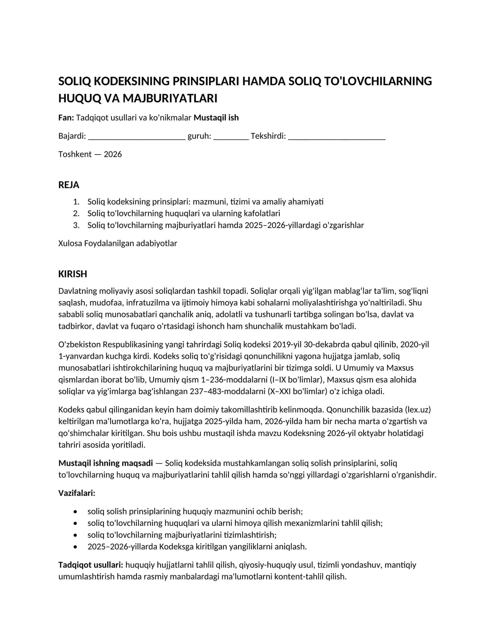 SOLIQ KODEKSINING PRINSIPLARI HAMDA SOLIQ TO'LOVCHILARNING HUQUQ VA MAJBURIYATLARI 1