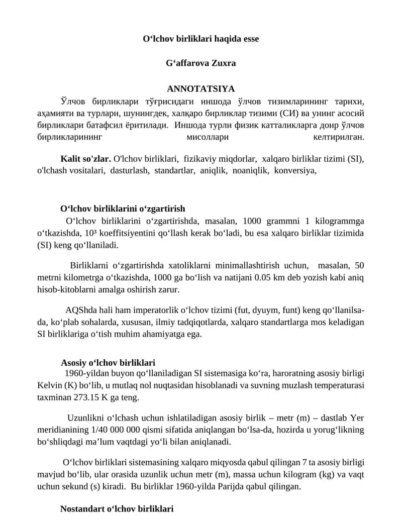 Oʻlchov birliklari haqida esse 1