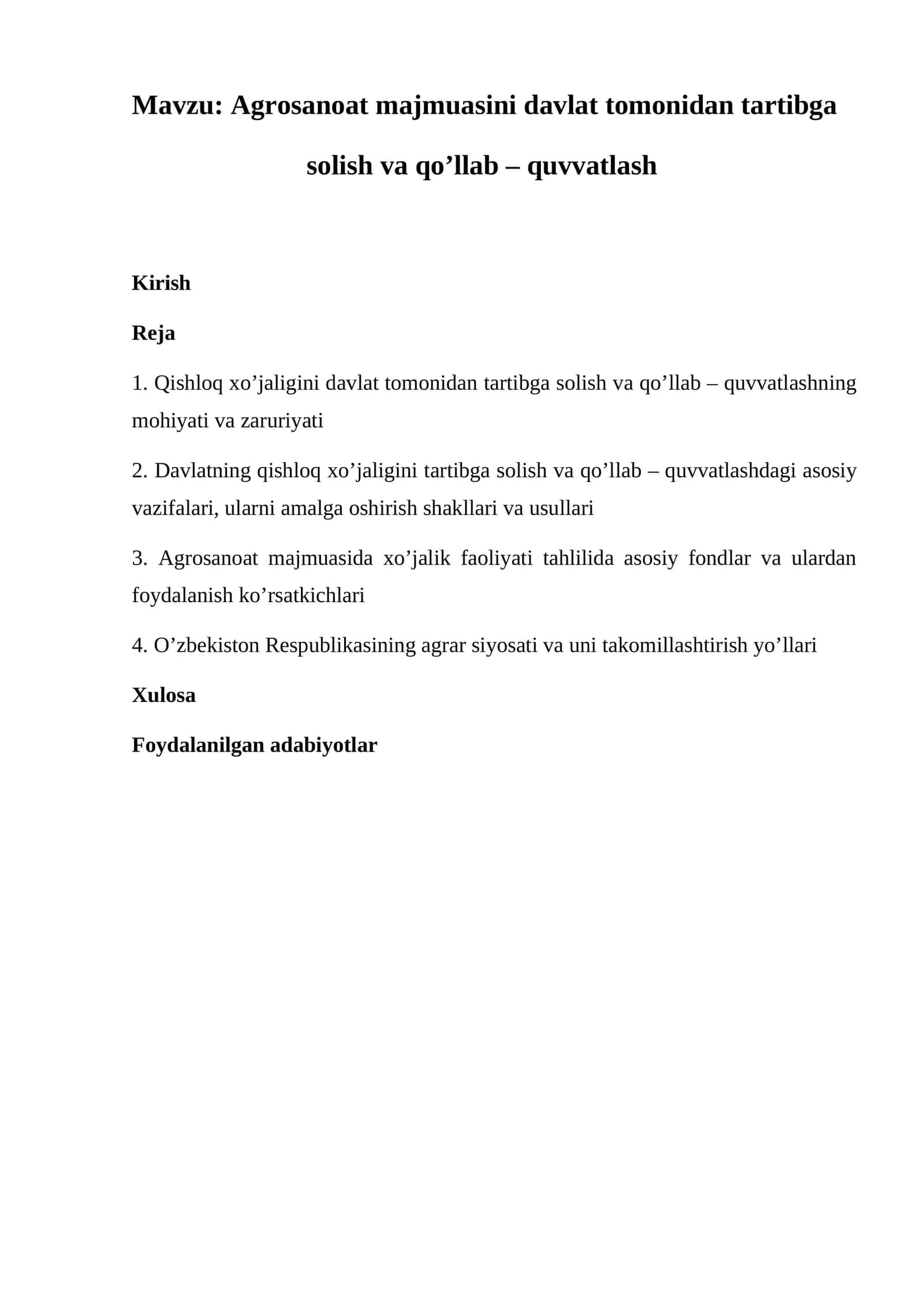 Agrosanoat majmuasini davlat tomonidan tartibga solish va qo’llab – quvvatlash 1