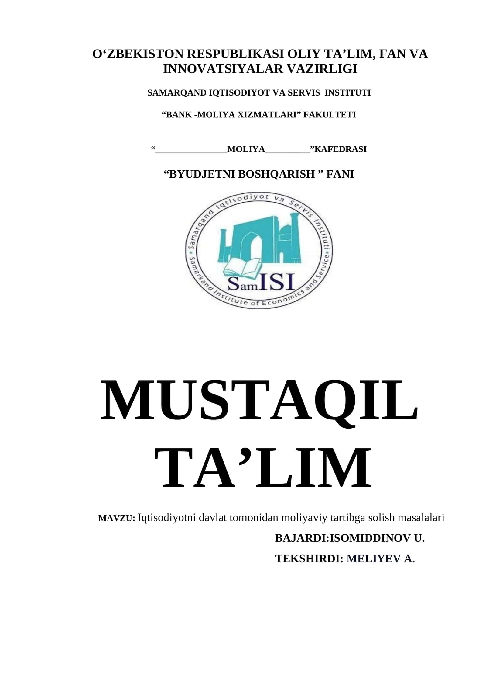 Moliyaviy tartibga solish masalalari 1