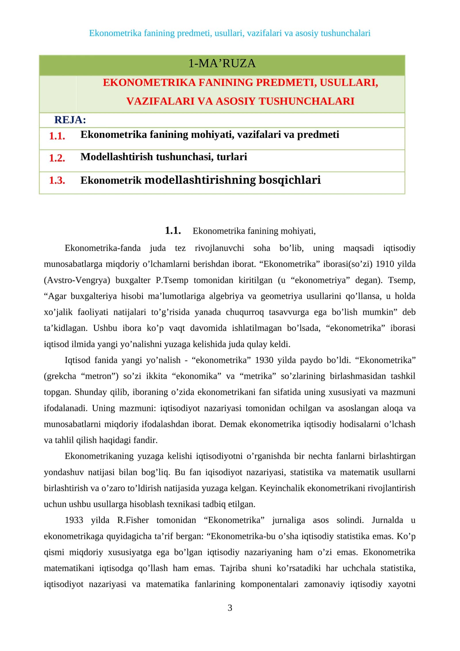 Ekonometrika fanining predmeti, usullari, vazifalari va asosiy tushunchalari 1