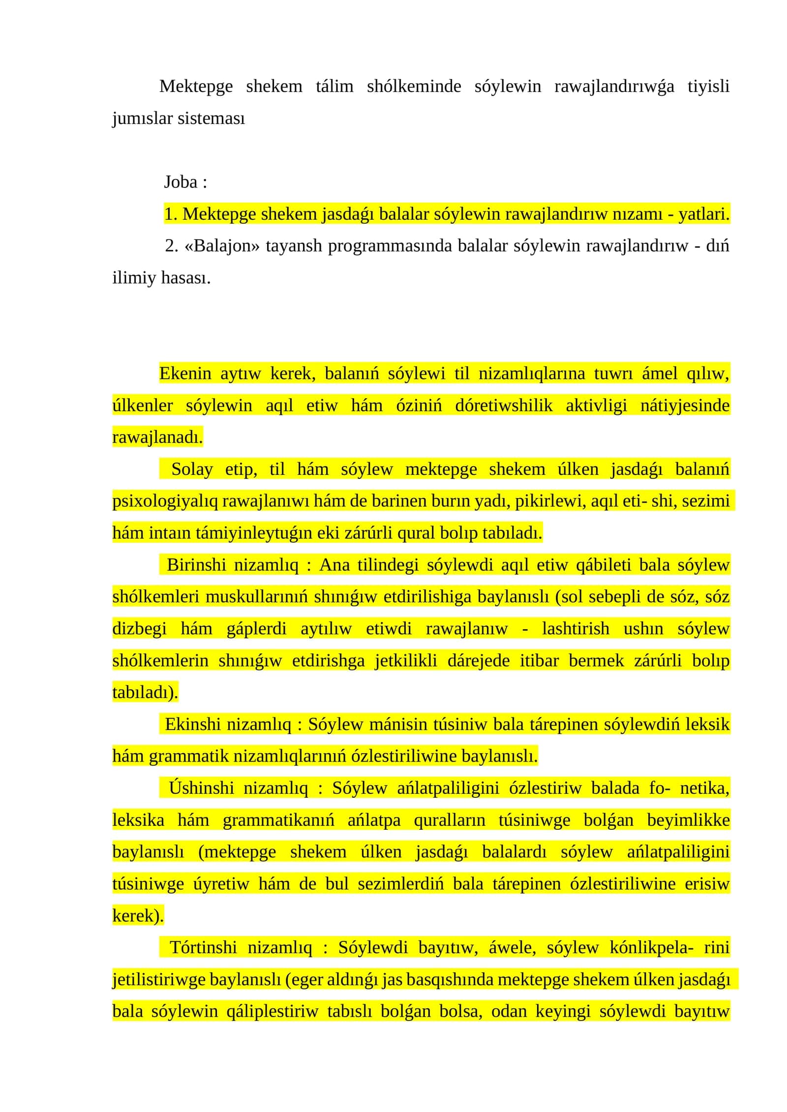Mektepge shekem tálim shólkeminde sóylewin rawajlandırıwǵa tiyisli jumıslar sisteması 1