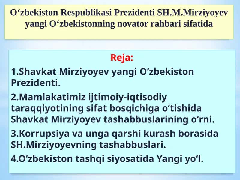 Sh.M.Mirziyoyev yangi O‘zbekistonning novator rahbari 1