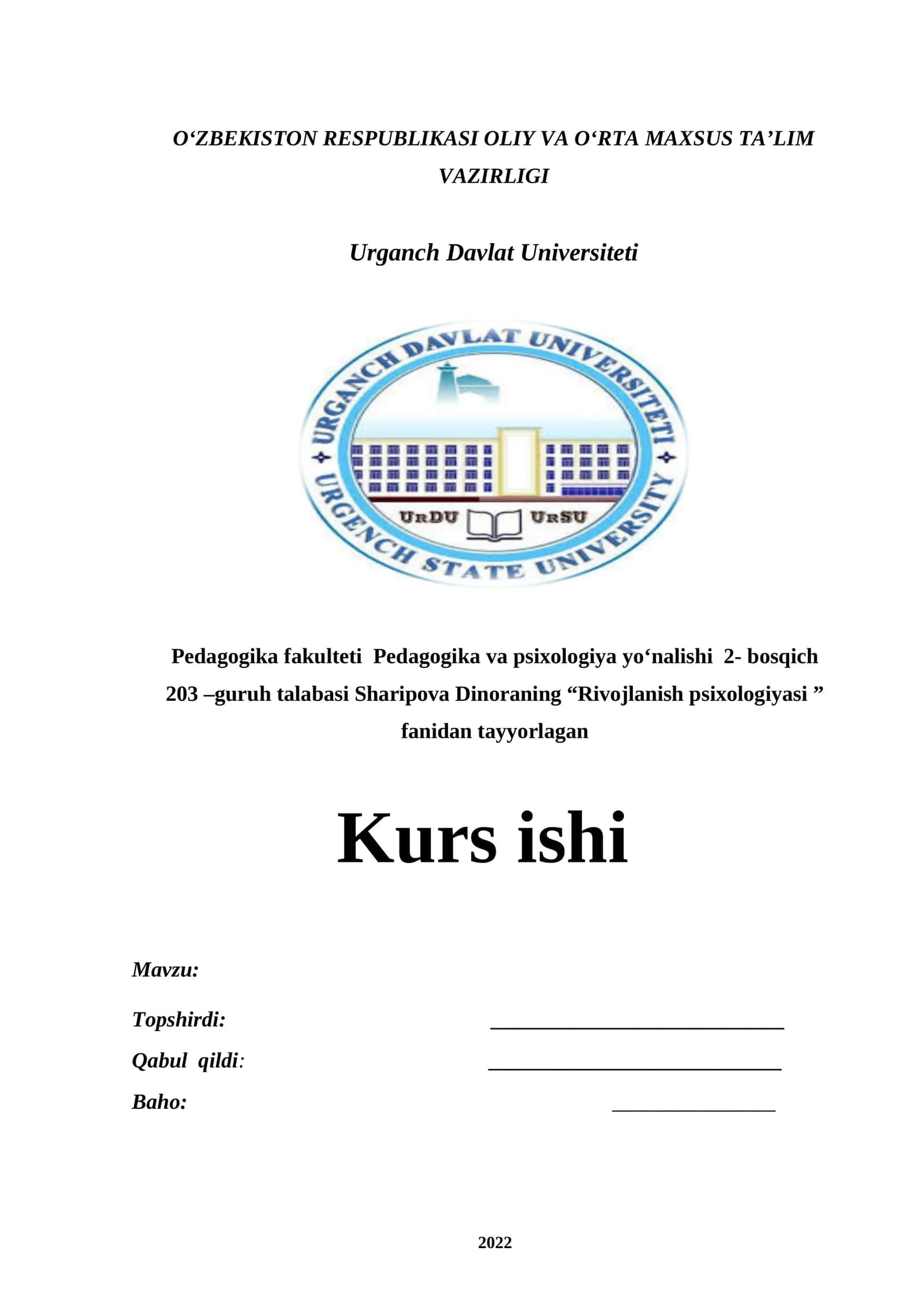 Rivojlanish psixologiyasi Kurs ishi 1