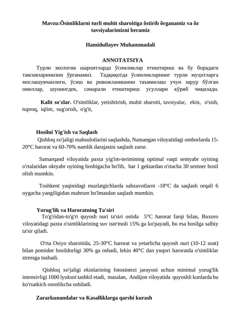 Õsimliklarni turli muhit sharoitiga õstirib õrganamiz va õz tavsiyalarimizni beramiz 1