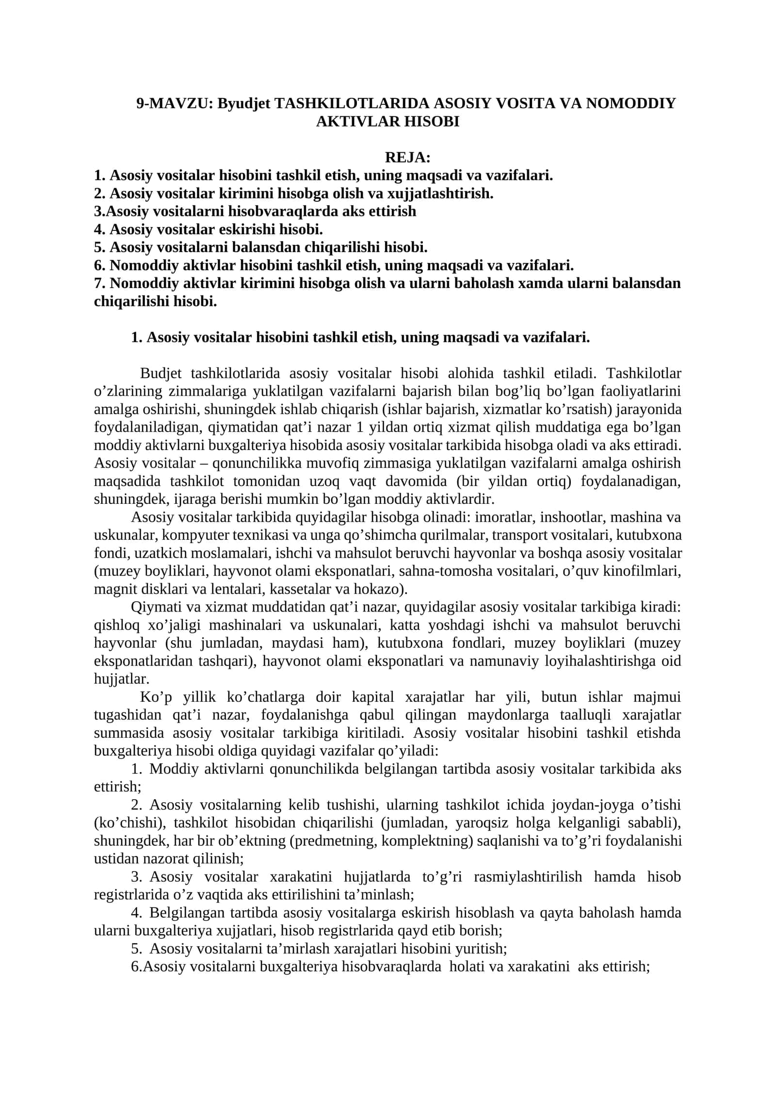 Byudjet TASHKILOTLARIDA ASOSIY VOSITA VA NOMODDIY AKTIVLAR HISOBI 1