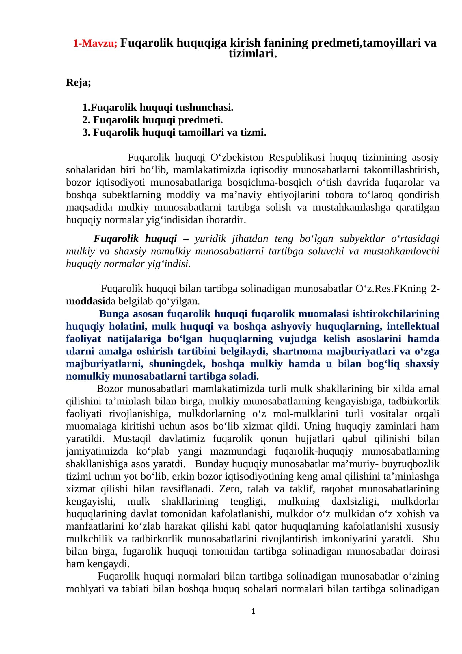 Fuqarolik huquqiga kirish fanining predmeti,tamoyillari va tizimlari 1
