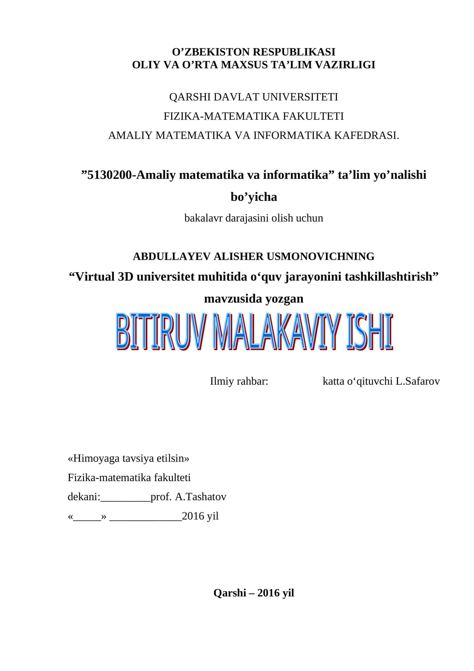 Virtual 3D universitet muhitida oʻquv jarayonini tashkillashtirish 1