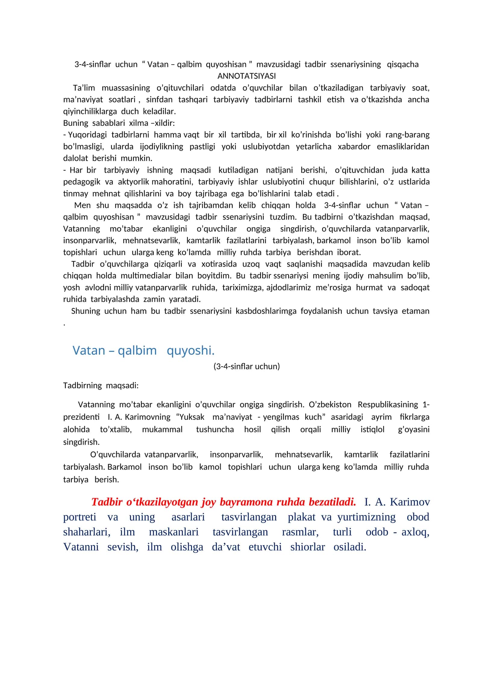 3-4-sinflar uchun “ Vatan – qalbim quyoshisan ” mavzusidagi tadbir ssenariysi 1