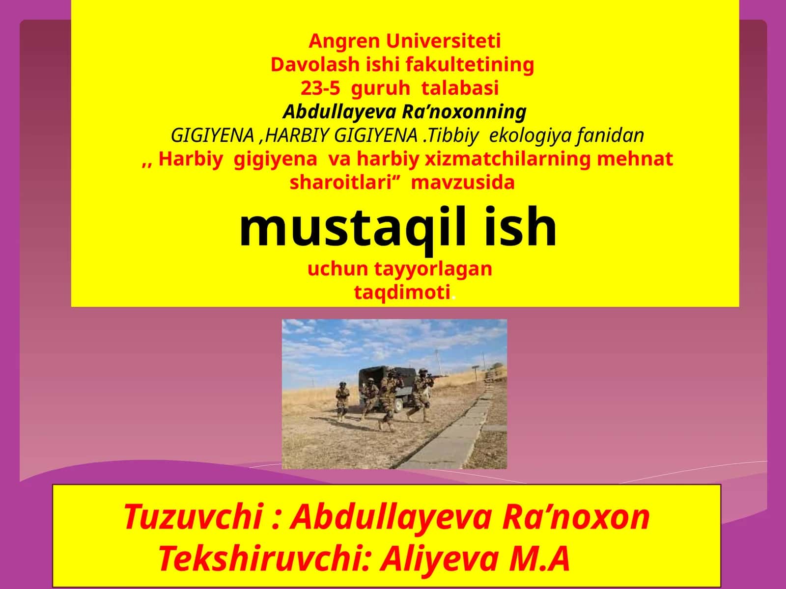 Harbiy Gigiyeana va harbiy xizmatchilarning mehnat sharoitlari 1