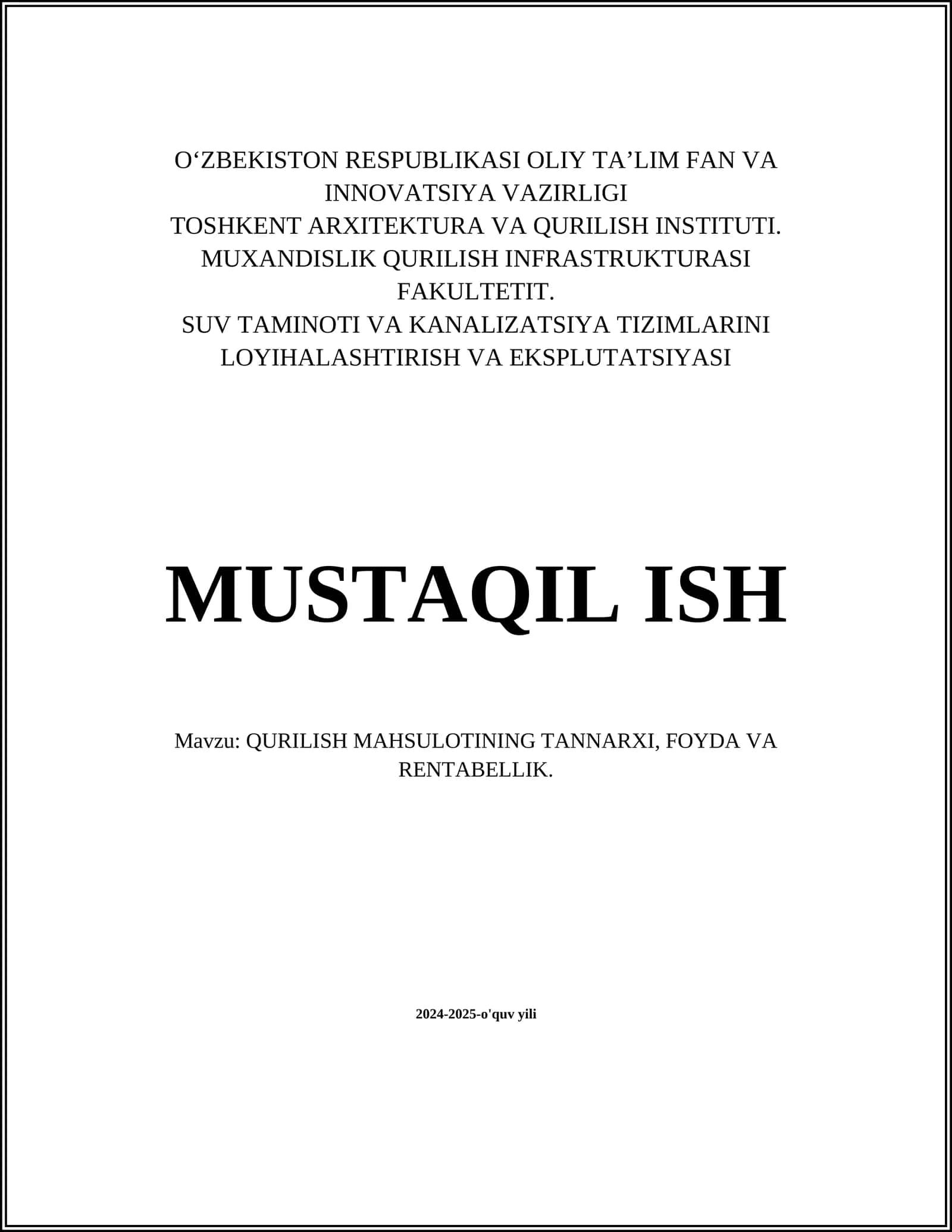 QURILISH MAHSULOTINING TANNARXI, FOYDA VA RENTABELLIK 1