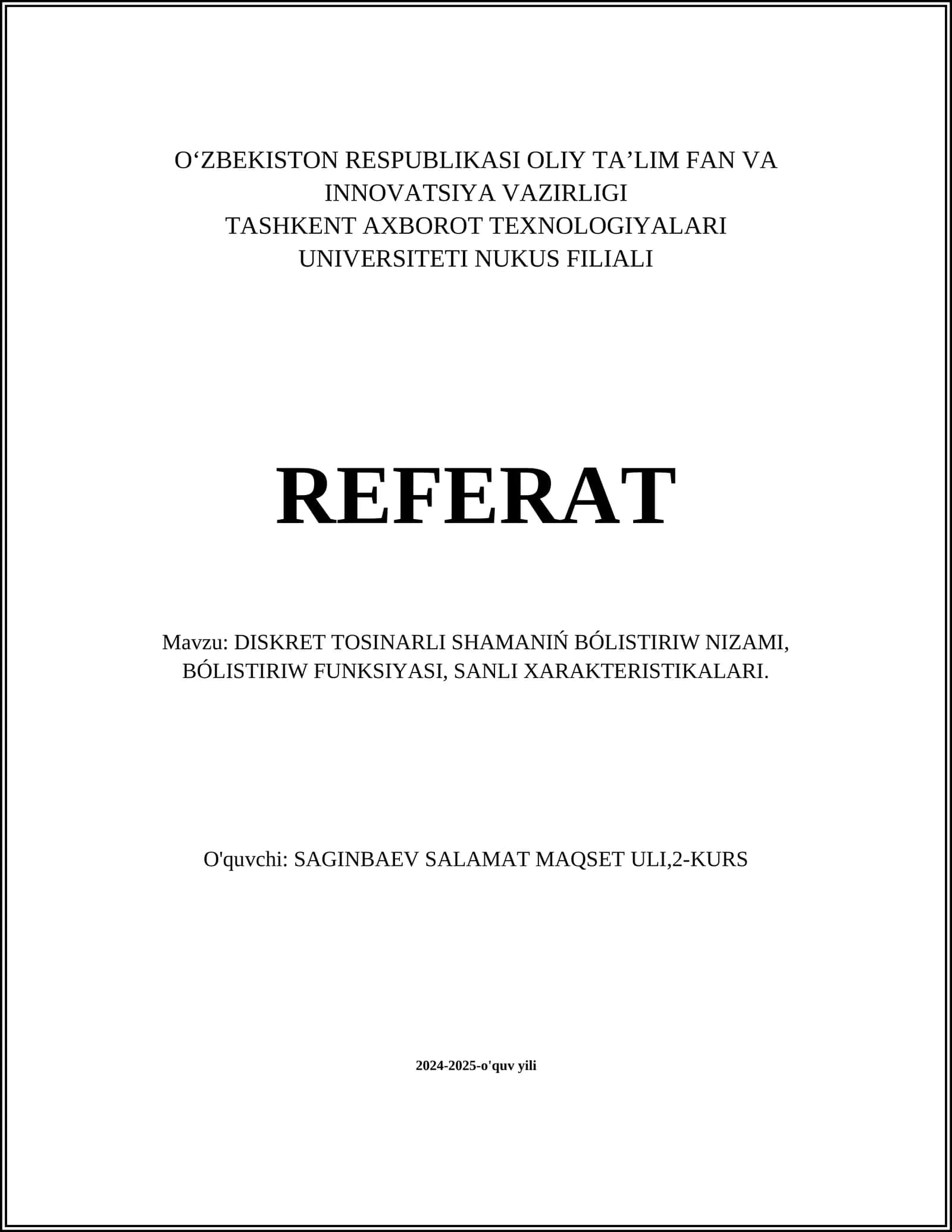 DISKRET TOSINARLI SHAMANIŃ BÓLISTIRIW NIZAMI 1