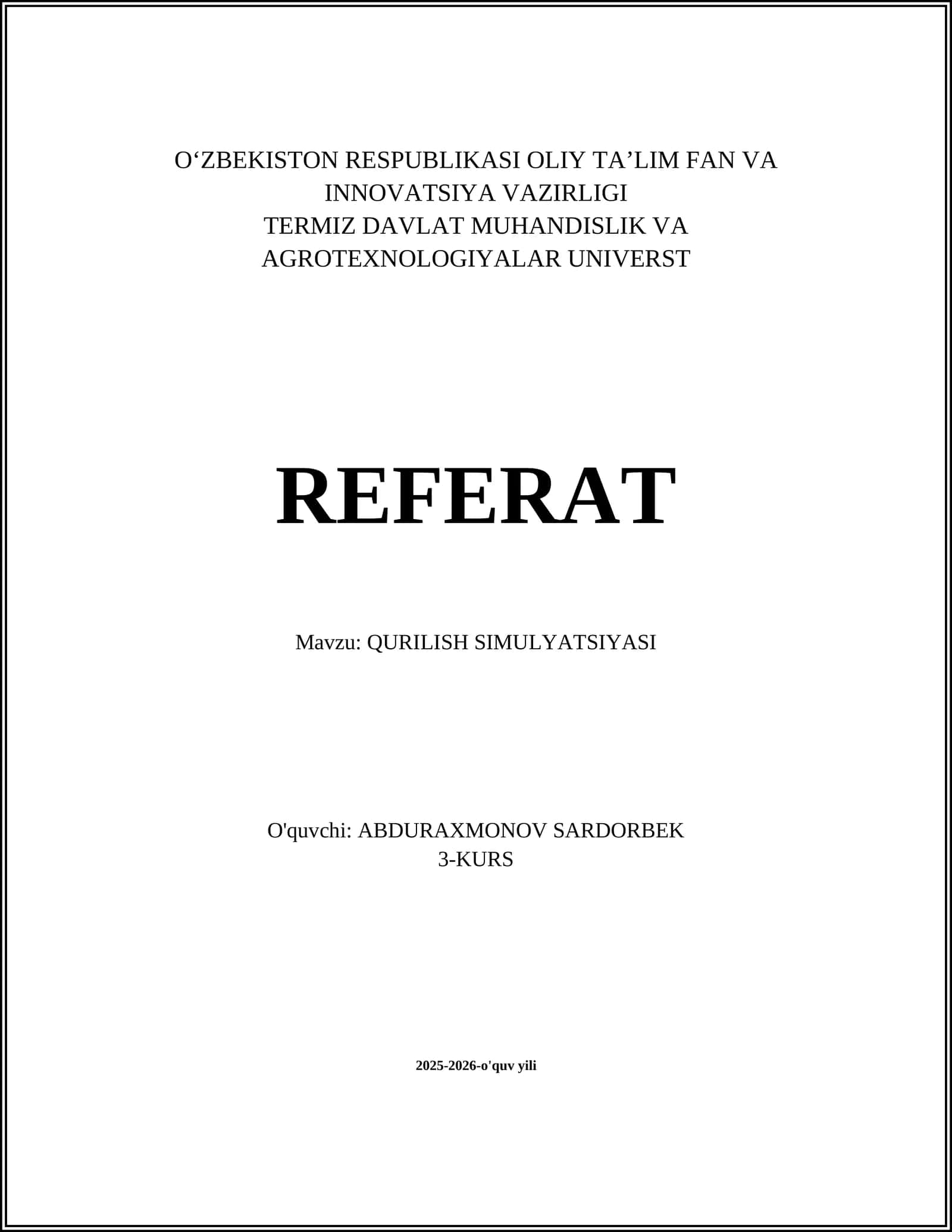 QURILISH SIMULYATSIYASI 1