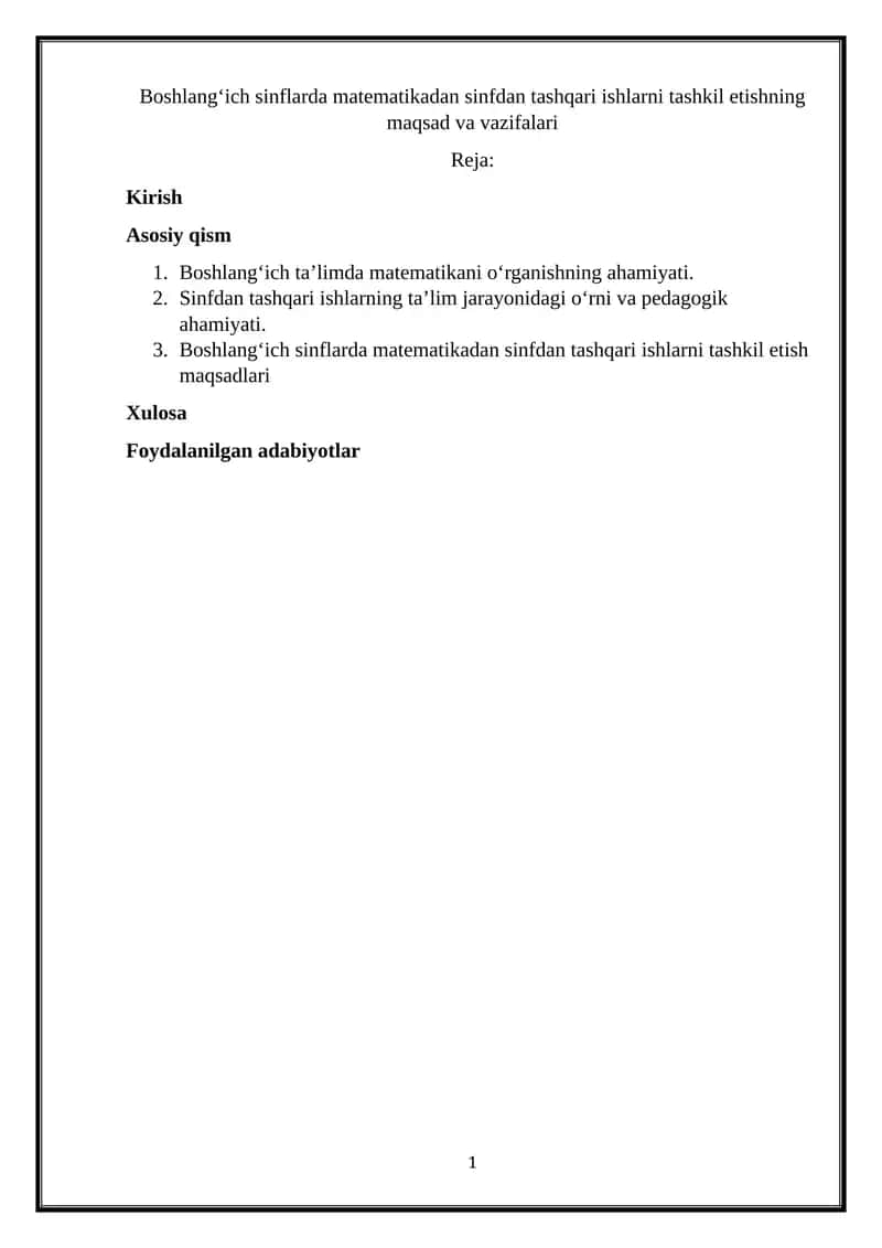 Boshlang‘ich sinflarda matematikadan sinfdan tashqari ishlarni tashkil etishning maqsad va vazifalari 1