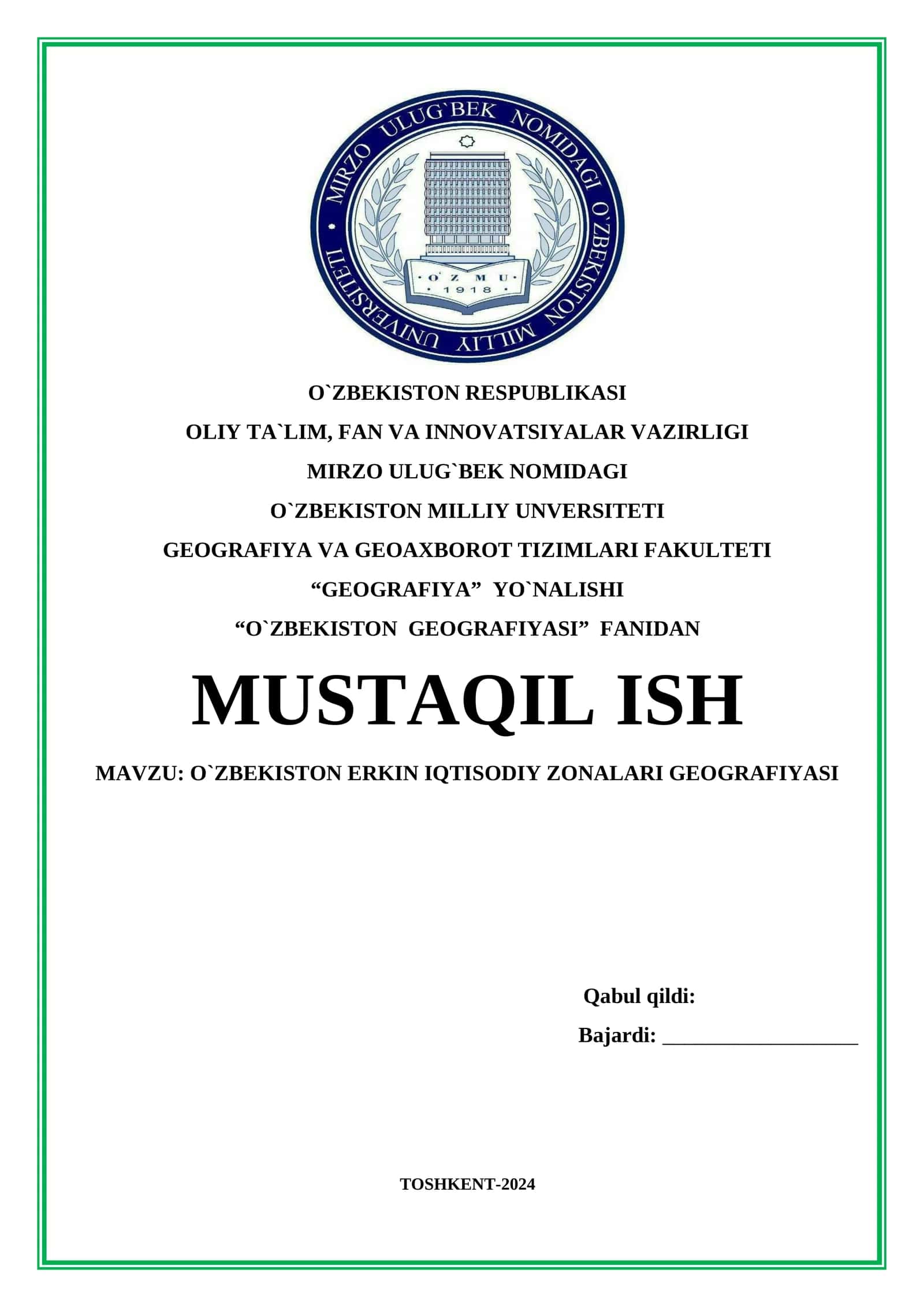 O‘ZBEKISTON ERKIN IQTISODIY ZONALARI GEOGRAFIYASI. AMALIY MASHG‘ULOT (2) 1