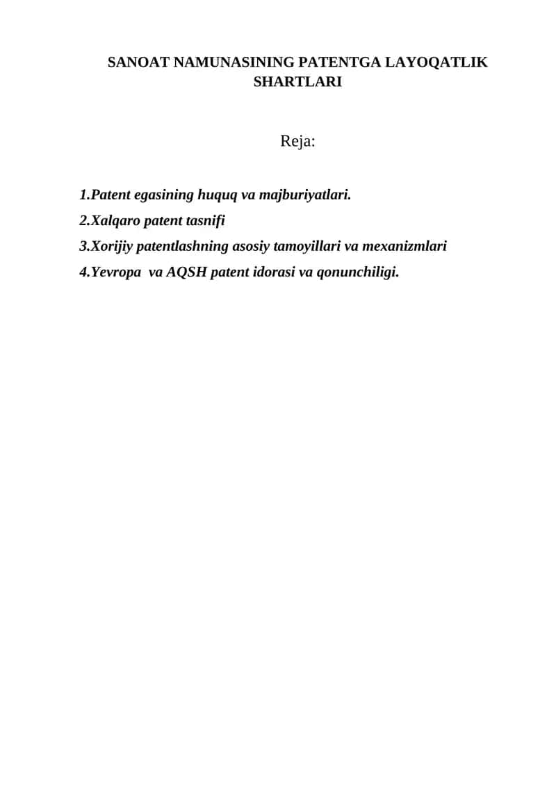 SANOAT NAMUNASINING PATENTGA LAYOQATLIK SHARTLARI 1